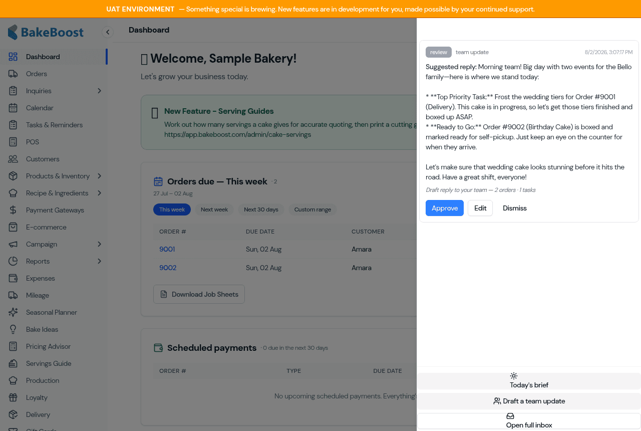 The Assistant button open, showing Today's brief, Draft a team update, and Open full inbox