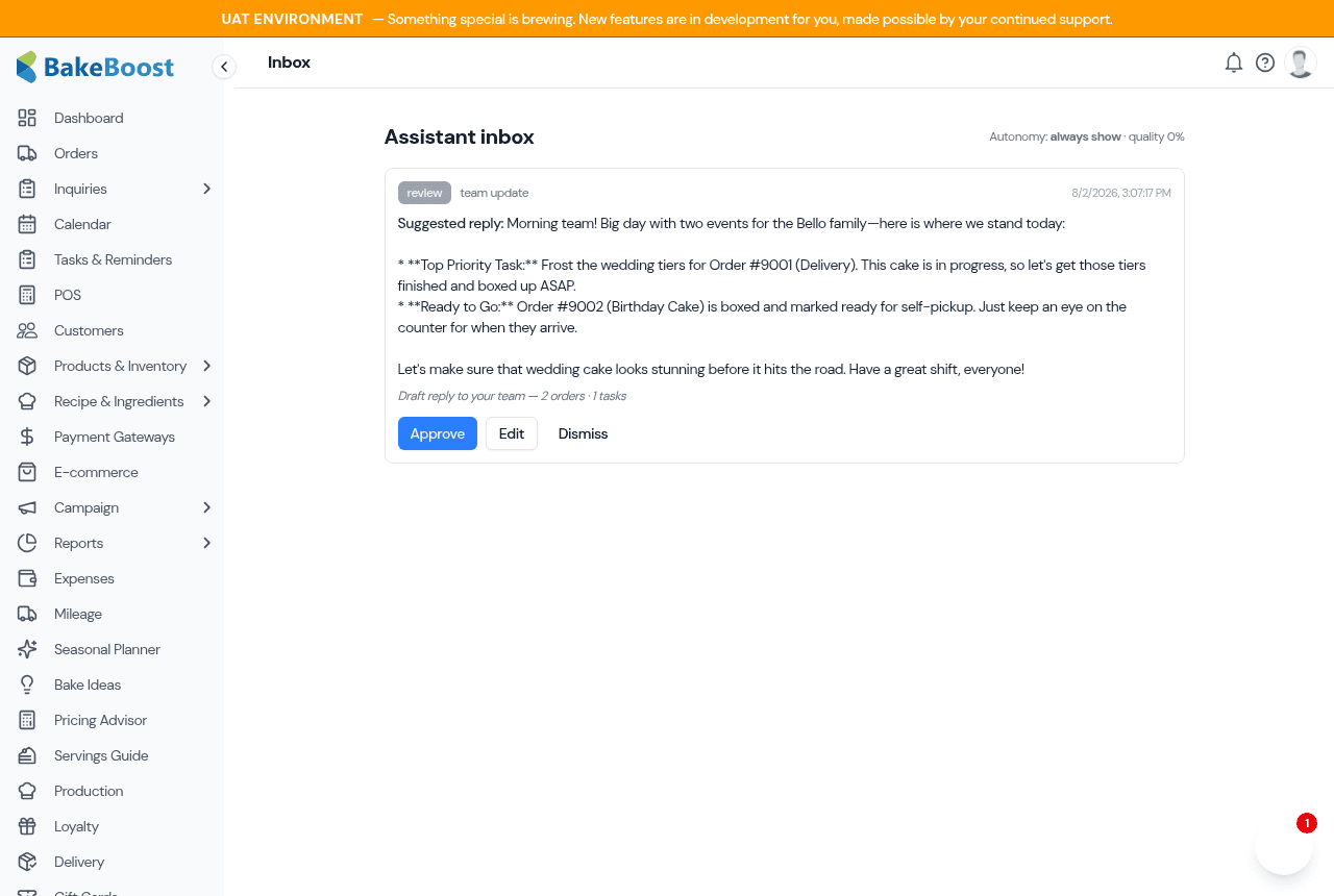 The Assistant inbox showing a draft reply with Approve, Edit and Reject actions
