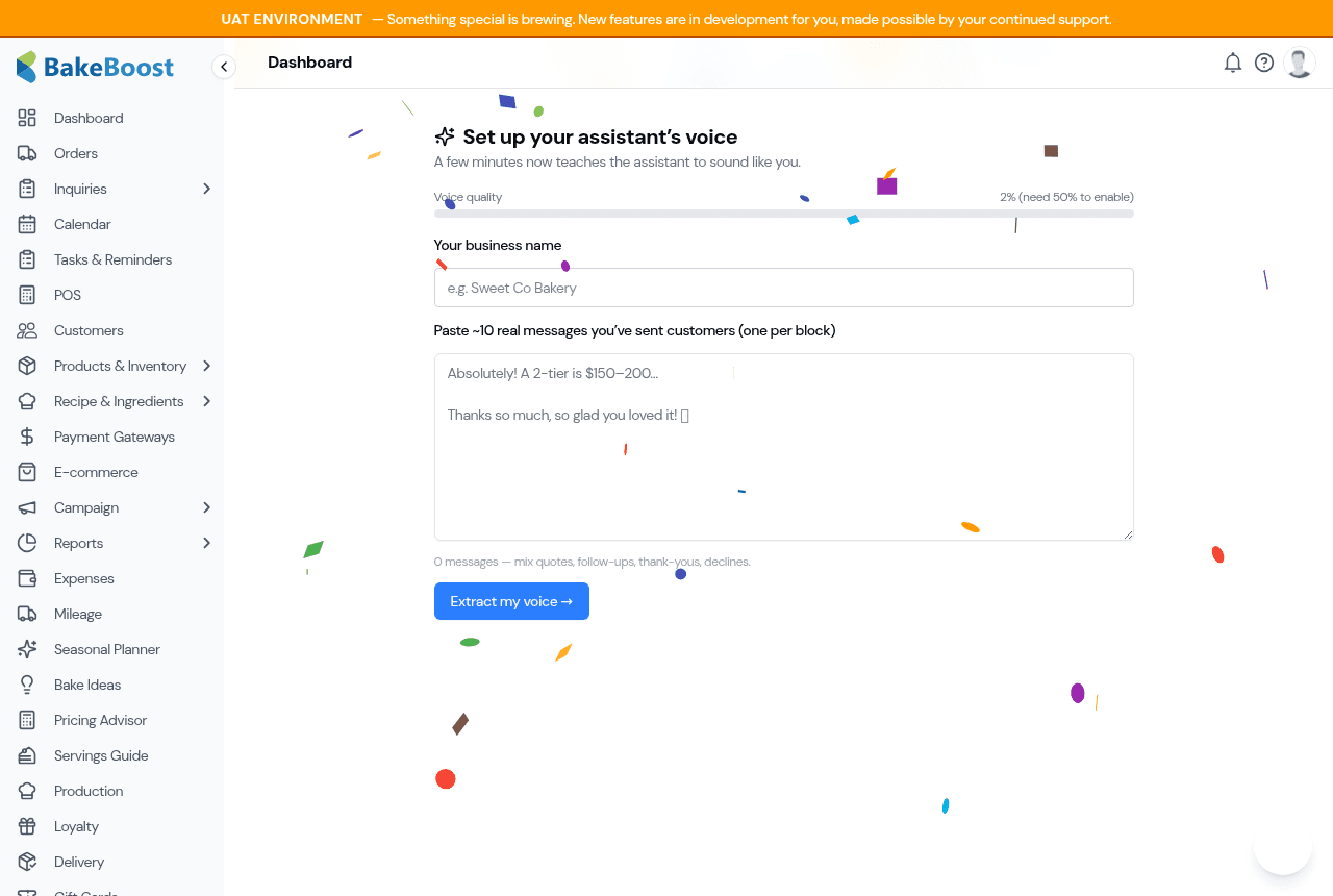 The voice setup wizard where you paste example messages to teach the Assistant your tone