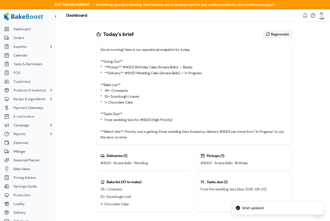 Today's brief showing the morning summary, deliveries and pickups, the bake list, and tasks due