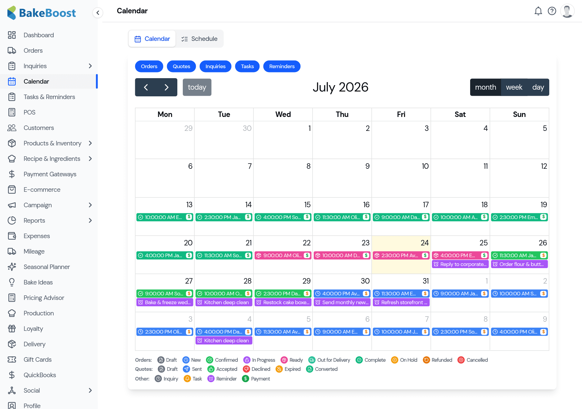 The Calendar in month view: a monthly grid with colour-coded entries for orders, quotes, inquiries, tasks and reminders, filter chips along the top, month/week/day view buttons, and a colour legend at the bottom.