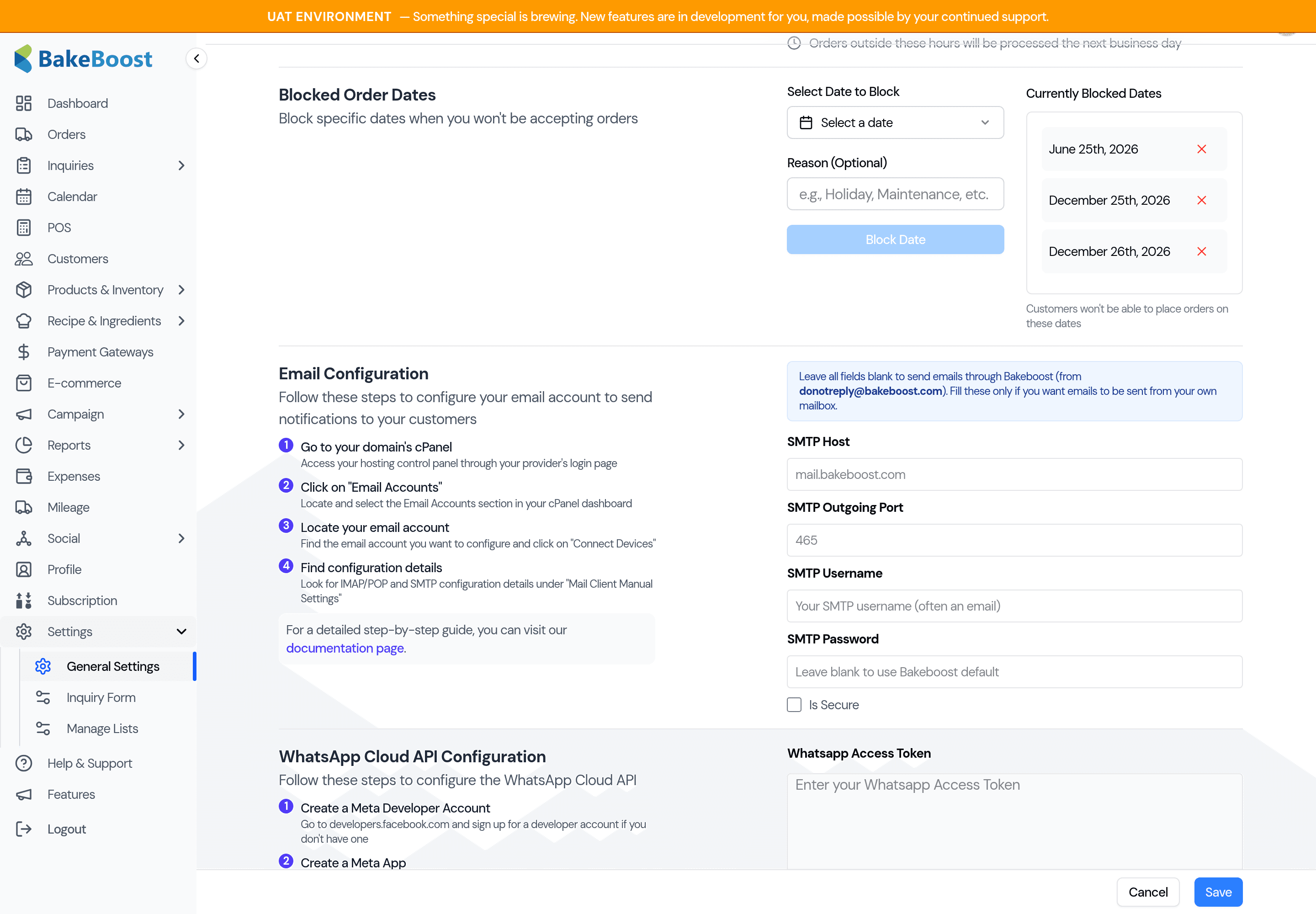 The Blocked Order Dates panel in Settings, with a date picker and a list of currently blocked dates