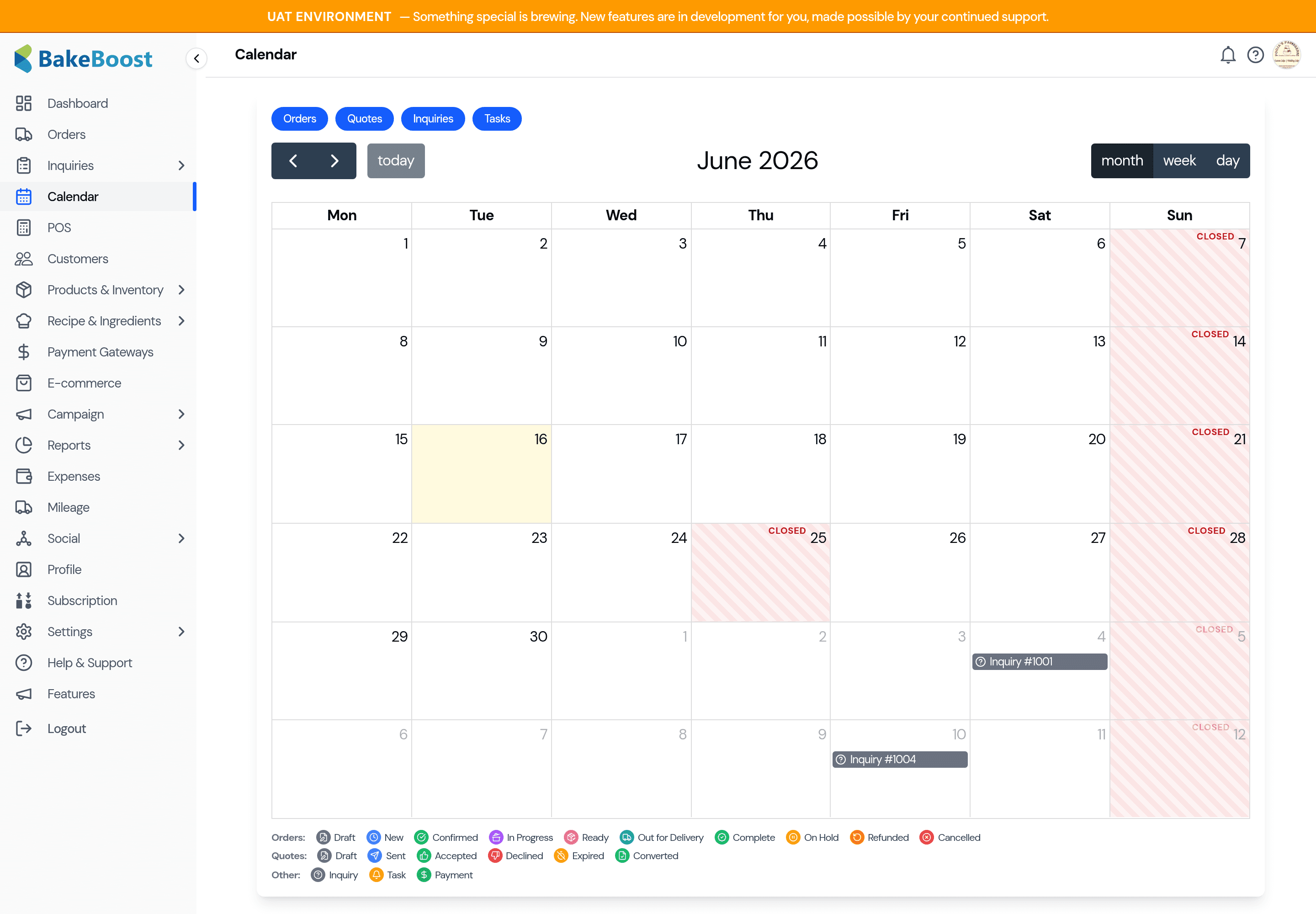 The order calendar with several days shaded and labelled Closed — every Sunday plus a blocked weekday