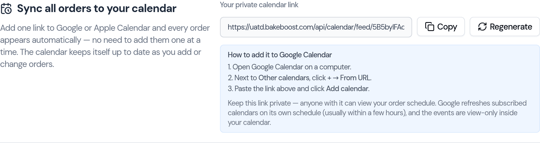 The 'Sync all orders to your calendar' panel in Settings, showing a private calendar link with Copy and Regenerate buttons and step-by-step instructions for Google Calendar