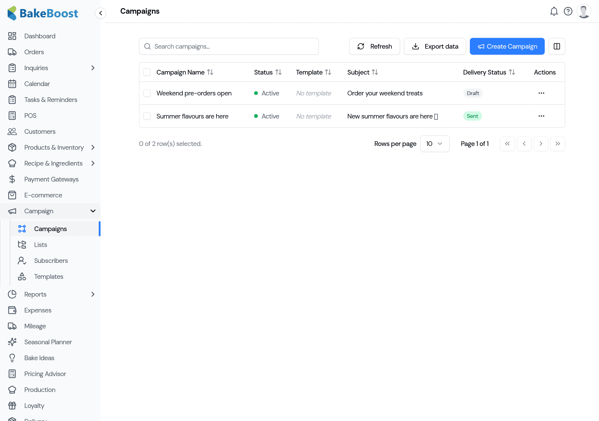 The Campaigns list: a table of campaigns showing name, active status, template, subject and a delivery-status badge (Draft or Sent).