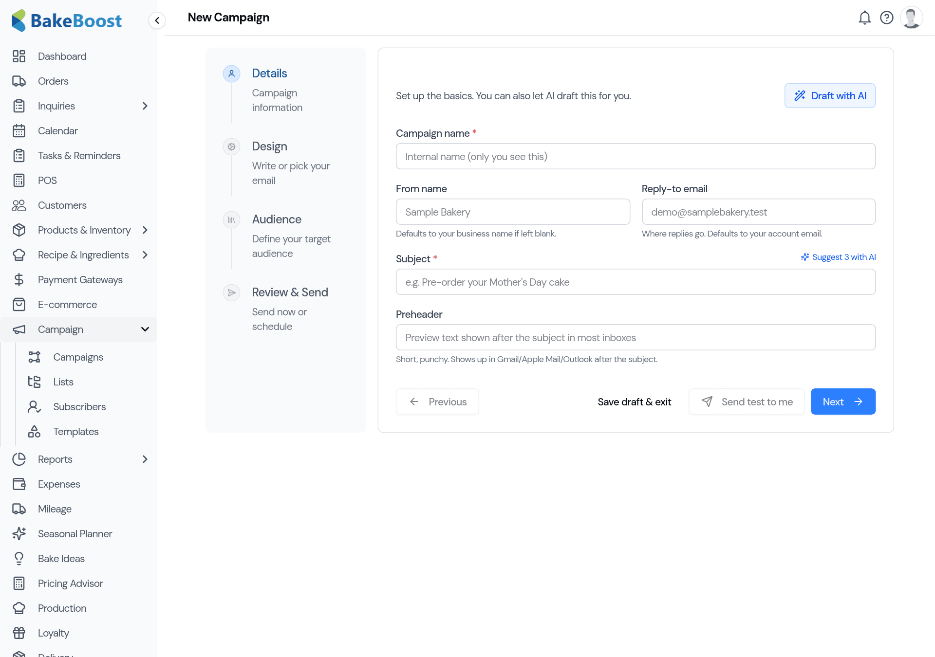 The Create Campaign wizard on the Details step: fields for campaign name, from name, reply-to email, subject and preheader, with Draft with AI and Suggest with AI buttons and the Details / Design / Audience / Review & Send steps down the side.
