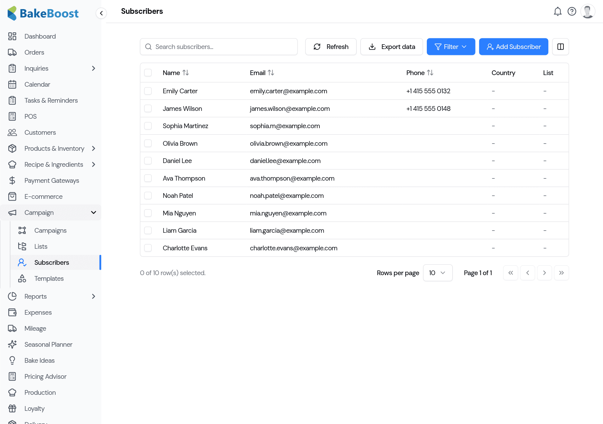 The Subscribers list: a table of contacts with name, email, phone, country and list, plus an Add Subscriber button and import/export.