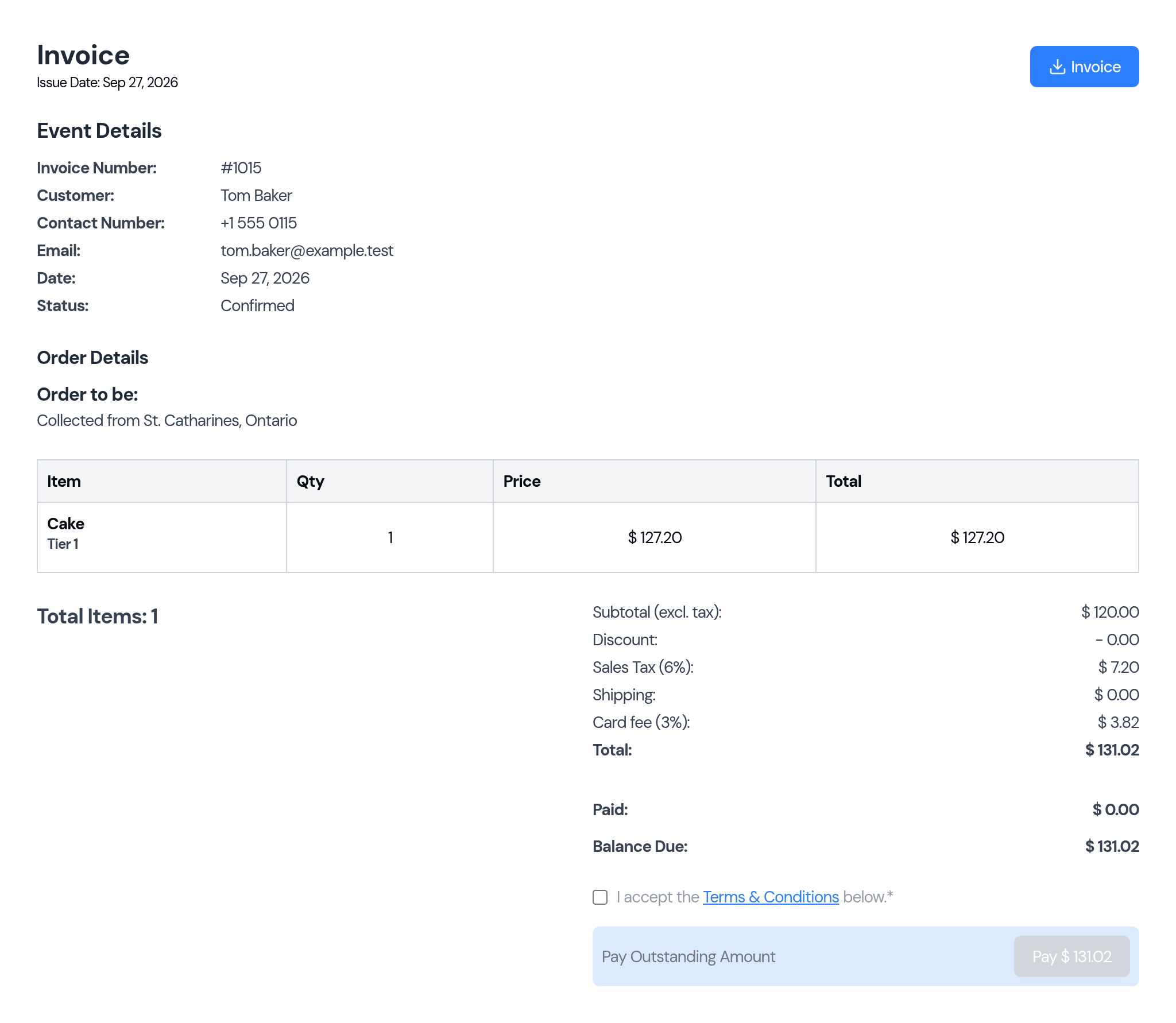 The customer invoice showing Subtotal excluding tax 120.00, Discount 0.00, Sales Tax 6% of 7.20, Shipping 0.00, Card fee 3% of 3.82 and Total 131.02.