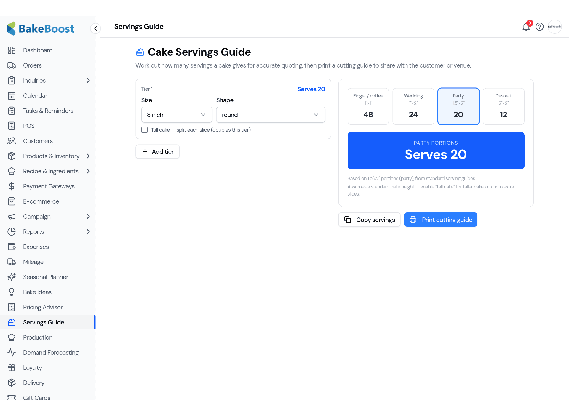 The Cake Servings Guide calculator: an 8-inch round tier selected, with cards for Finger (48), Wedding (24), Party (20) and Dessert (12) slice styles, a large 'Serves 20' result for party portions, and buttons to copy servings and print a cutting guide.