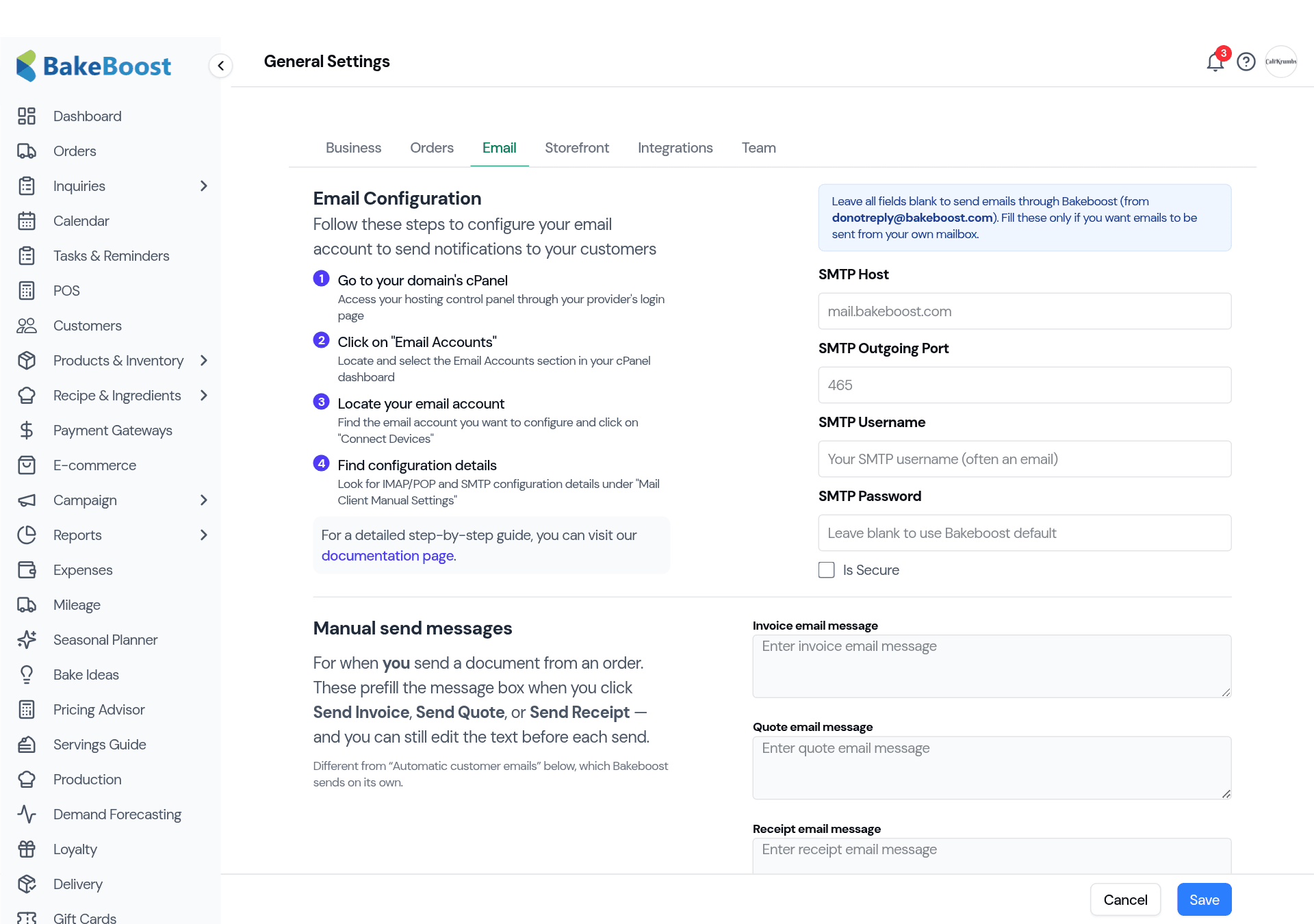 The Email tab under Settings, showing the Email Configuration fields (SMTP host, port, username, password) with a note that leaving them blank sends emails through Bakeboost, plus the manual send messages for invoices, quotes and receipts.
