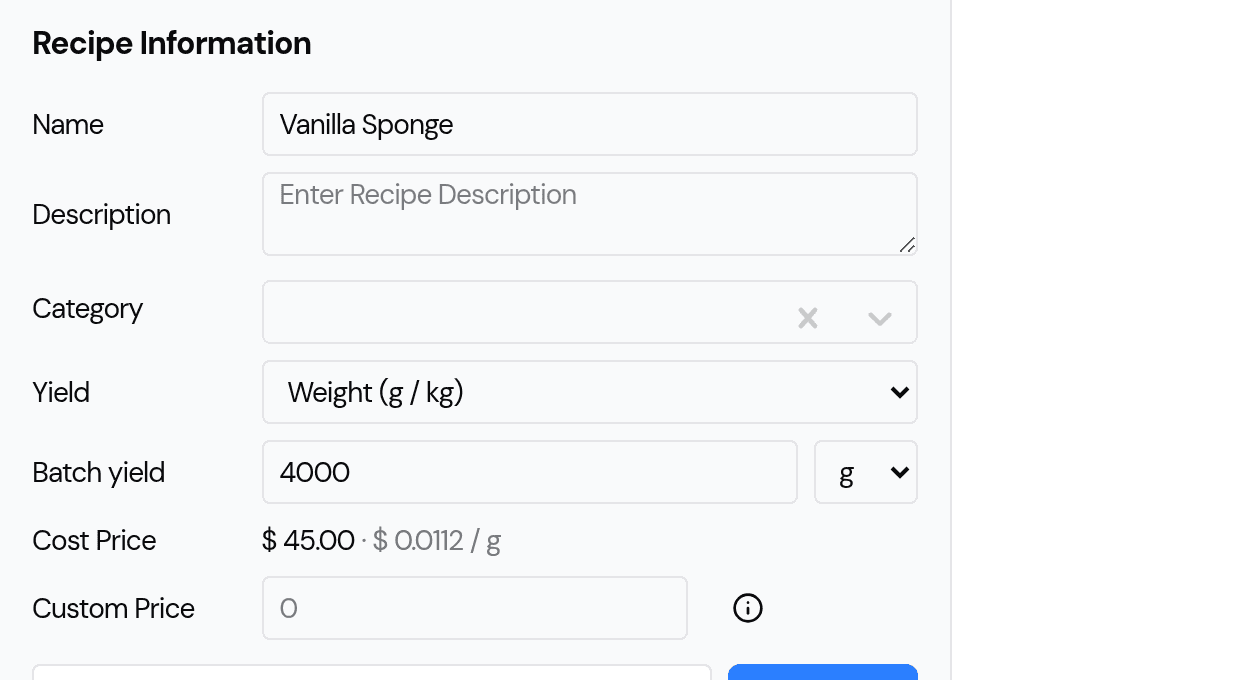 A recipe's Yield control set to Weight (g / kg) with a batch yield of 4000 g, and the Cost Price row showing $45.00 and $0.0112 per gram