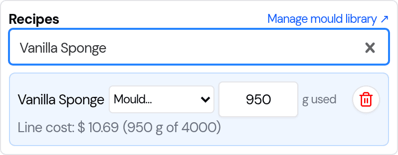A product's Recipes section: the Vanilla Sponge recipe with a Mould dropdown, an amount-used box showing 950 g, and the computed Line cost of $10.69 (950 g of 4000)