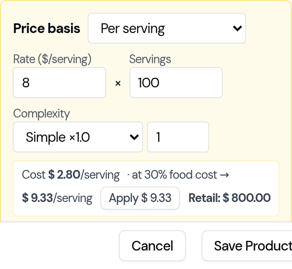 The Price basis control set to Per serving: $8 per serving times 100 servings, complexity Simple x1.0, with the cost-to-price bridge showing Cost $2.80/serving at 30% food cost gives $9.33/serving and a Retail of $800.00