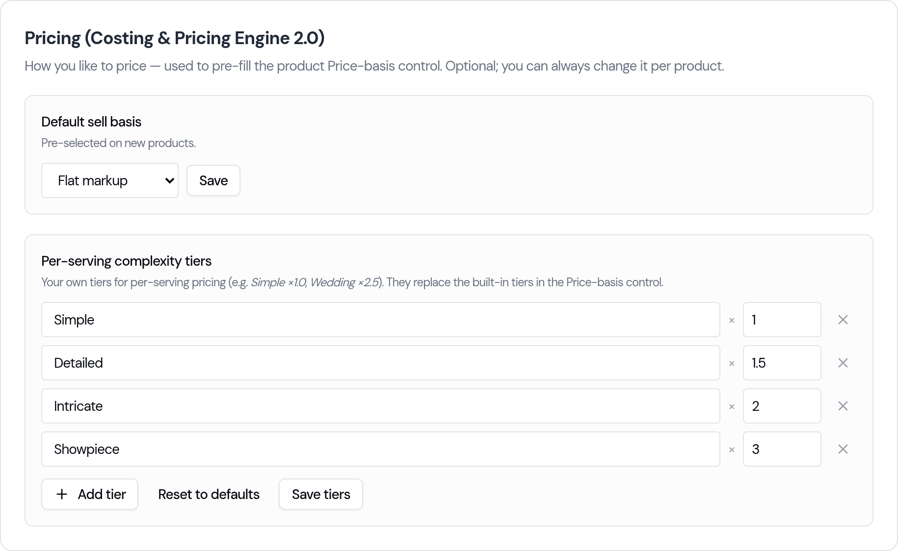 The Settings Pricing panel: a Default sell basis selector, and a Per-serving complexity tiers editor with rows for Simple x1, Detailed x1.5, Intricate x2 and Showpiece x3, plus Add tier, Reset to defaults and Save tiers buttons