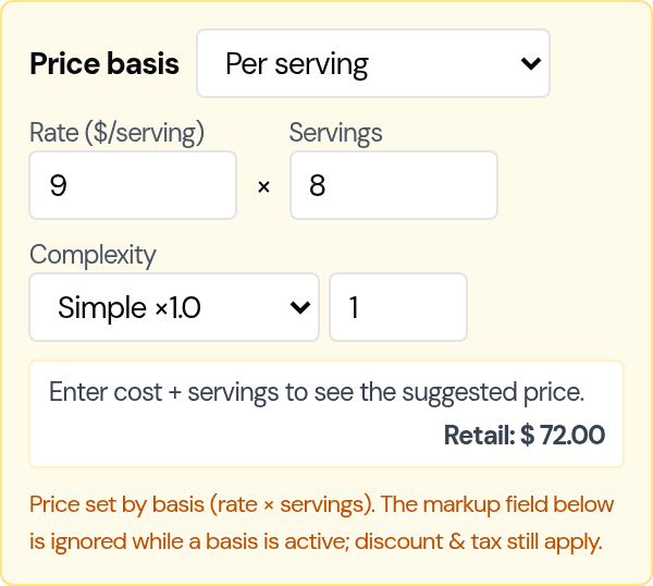 The Price basis control on a bundle (Composite) product set to Per serving, $9 times 8 servings, giving a Retail of $72.00, with a note that the basis sets the price and the markup field is ignored while a basis is active