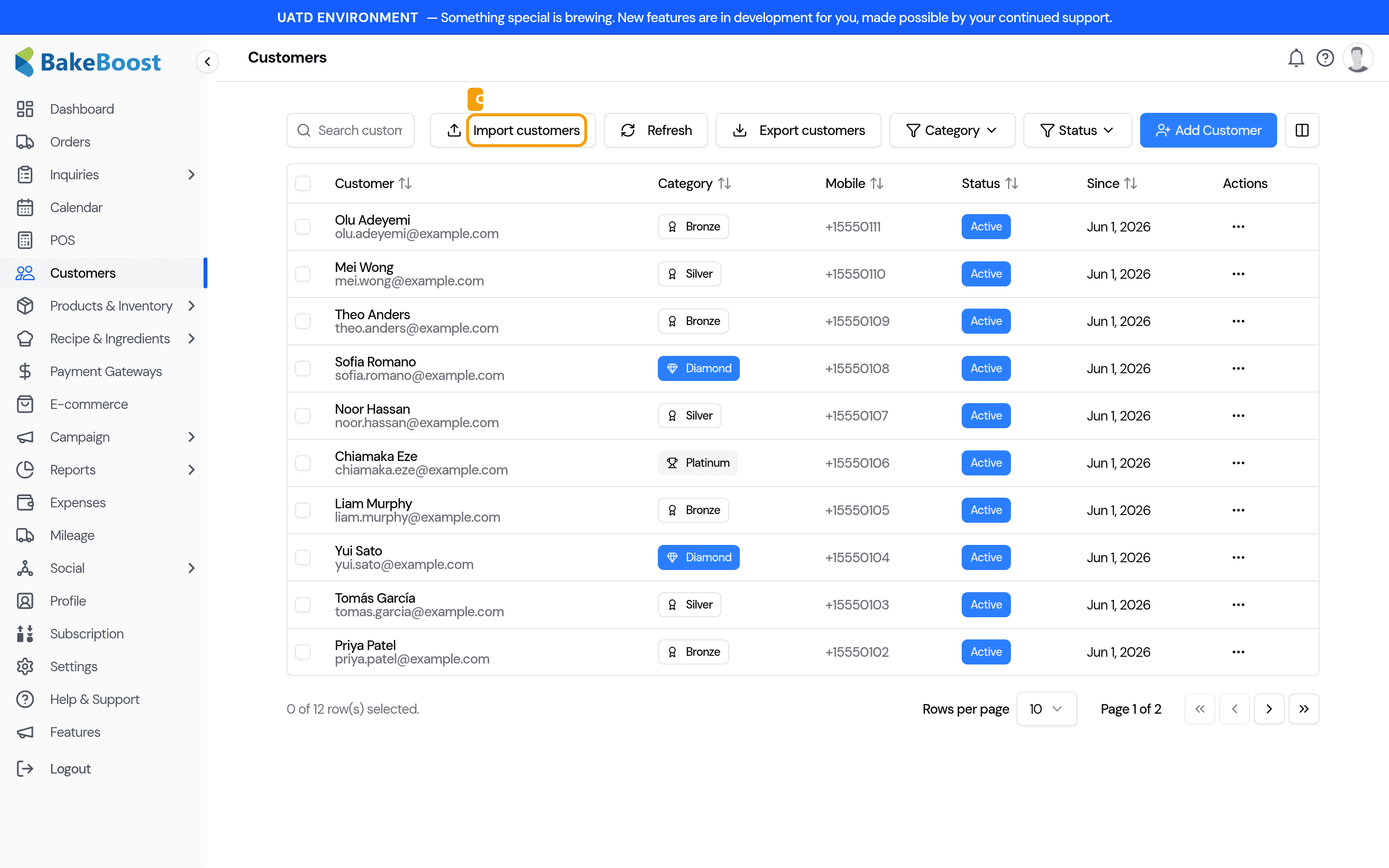Customer list page with the Import customers button highlighted in the toolbar