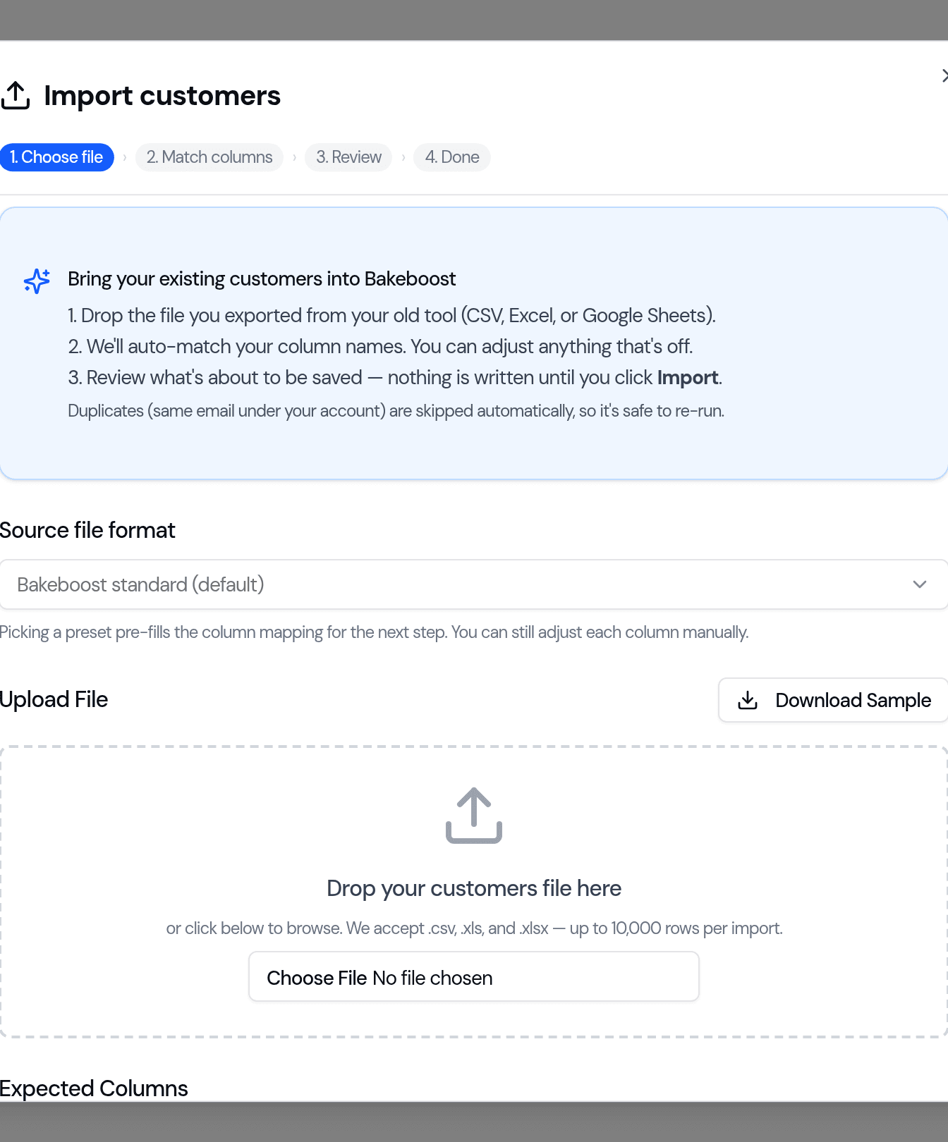 Import customers dialog open at the Choose file step