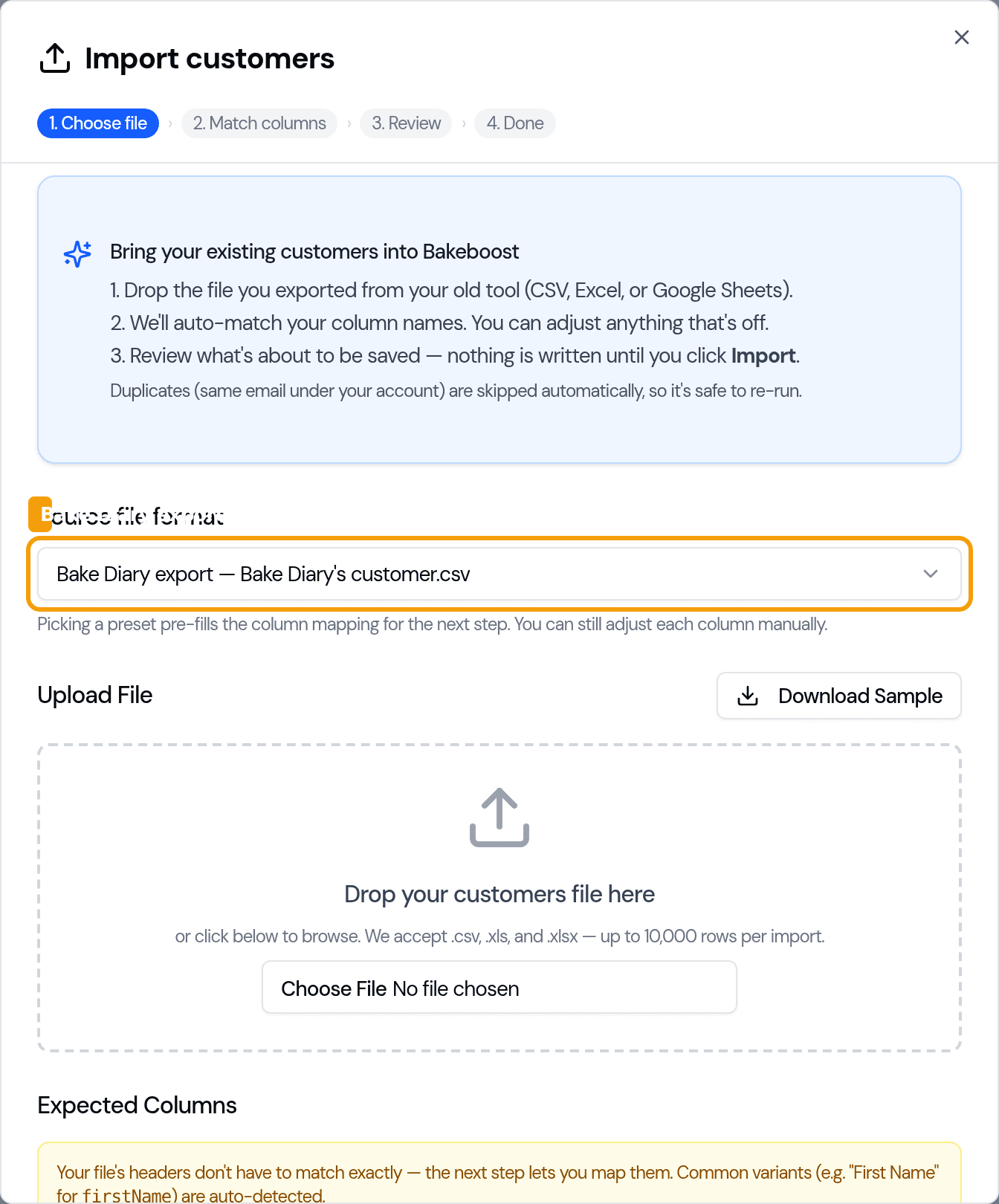 Source file format dropdown with the Bake Diary export option selected