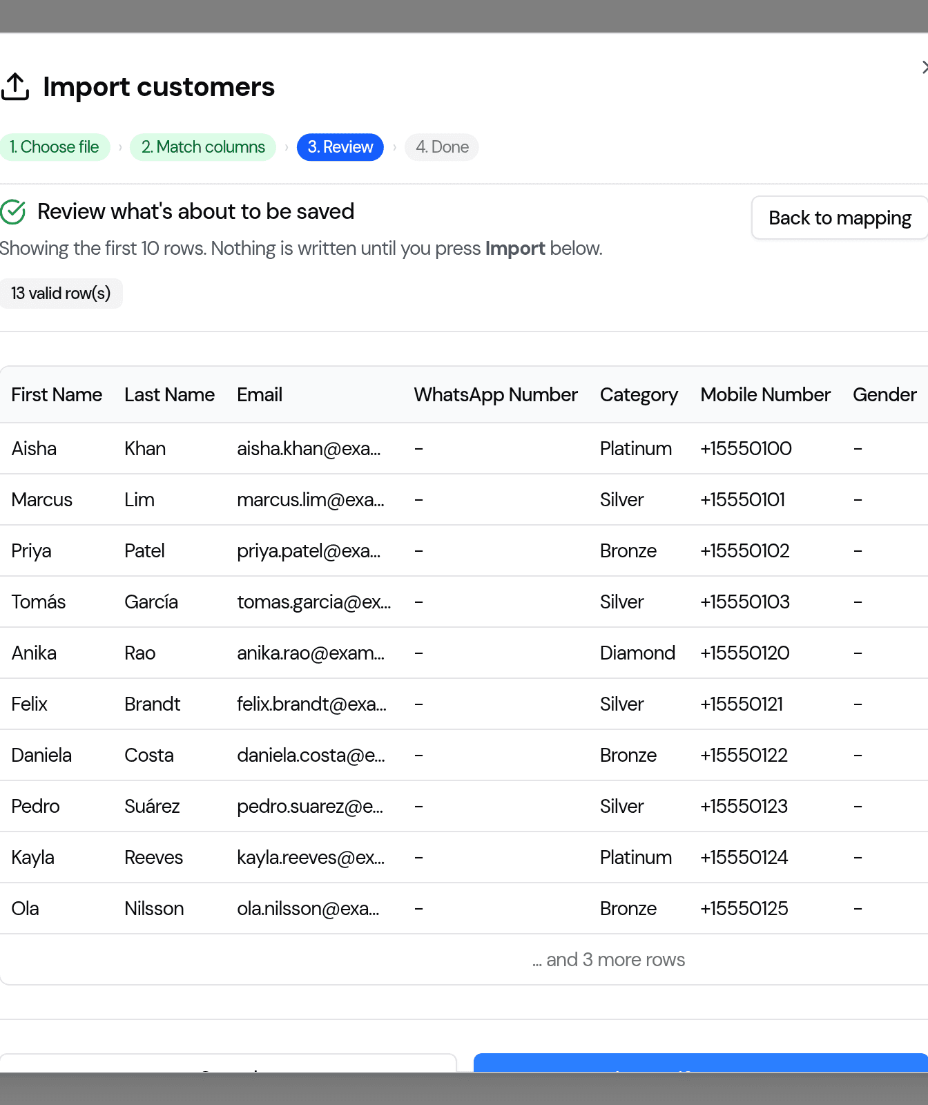 Review step showing the first rows of the imported file