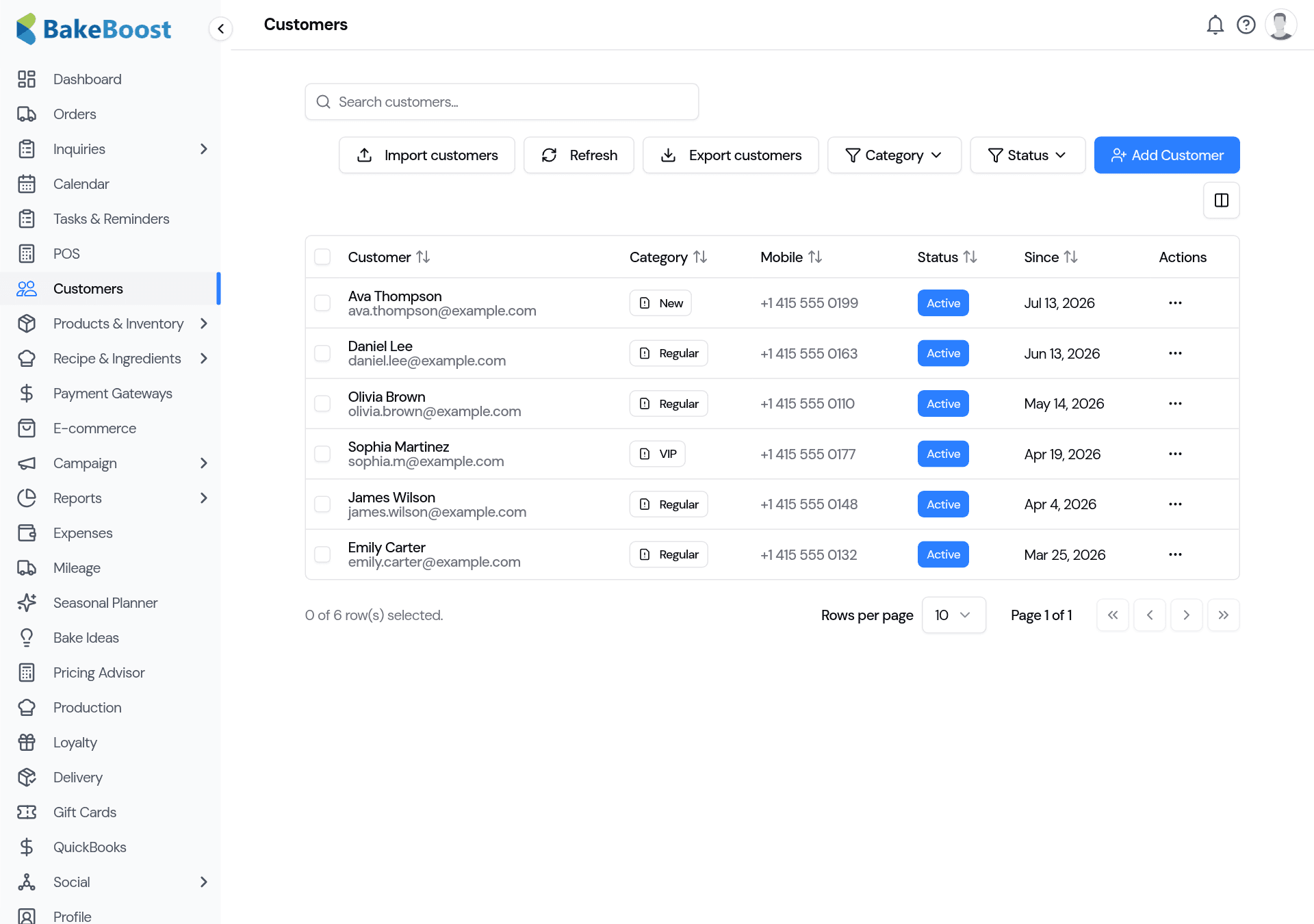 The Customers list: a table of customers with name, category, mobile number, status and the date added, plus Add Customer, Import and Export buttons and category/status filters.