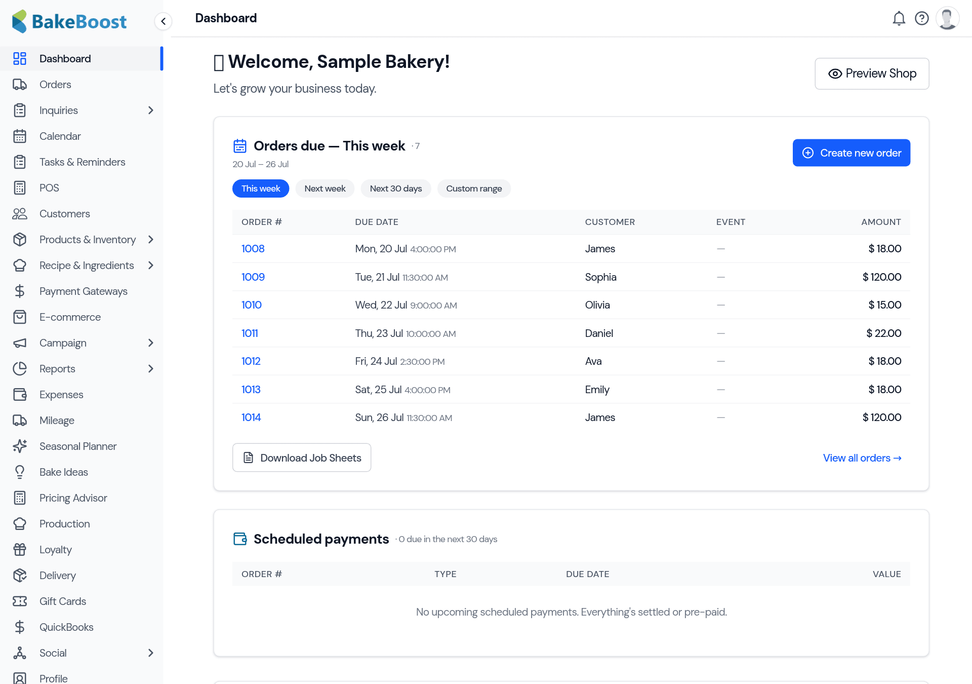 The Bakeboost dashboard: a welcome header with a Preview Shop button, an Orders due this week panel listing upcoming orders with dates, customers and amounts, and a Scheduled payments panel.