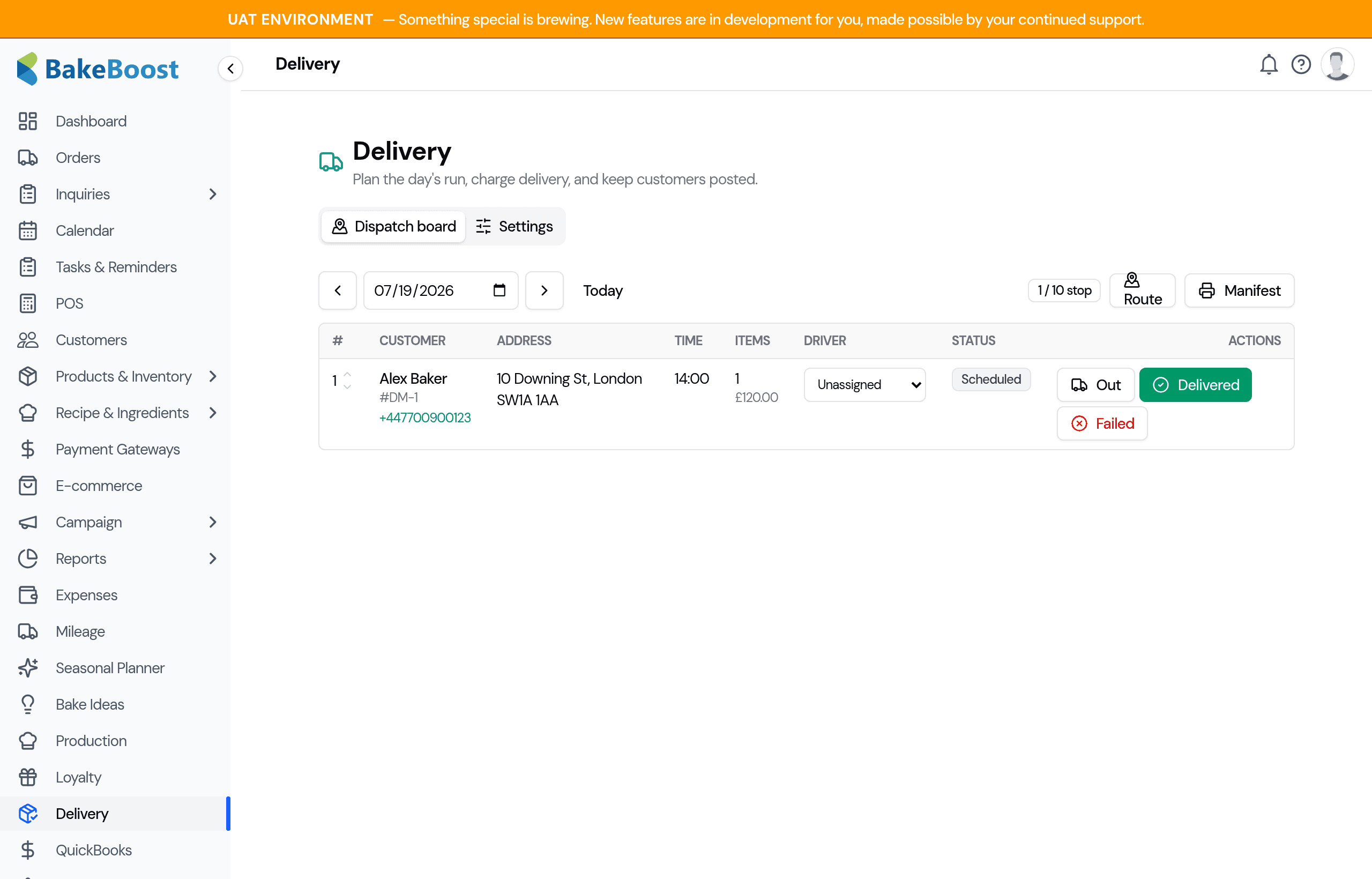 The dispatch board for a day, listing each delivery with the customer, address, time, items, driver and status, plus Route and Manifest buttons and a stops-versus-capacity count