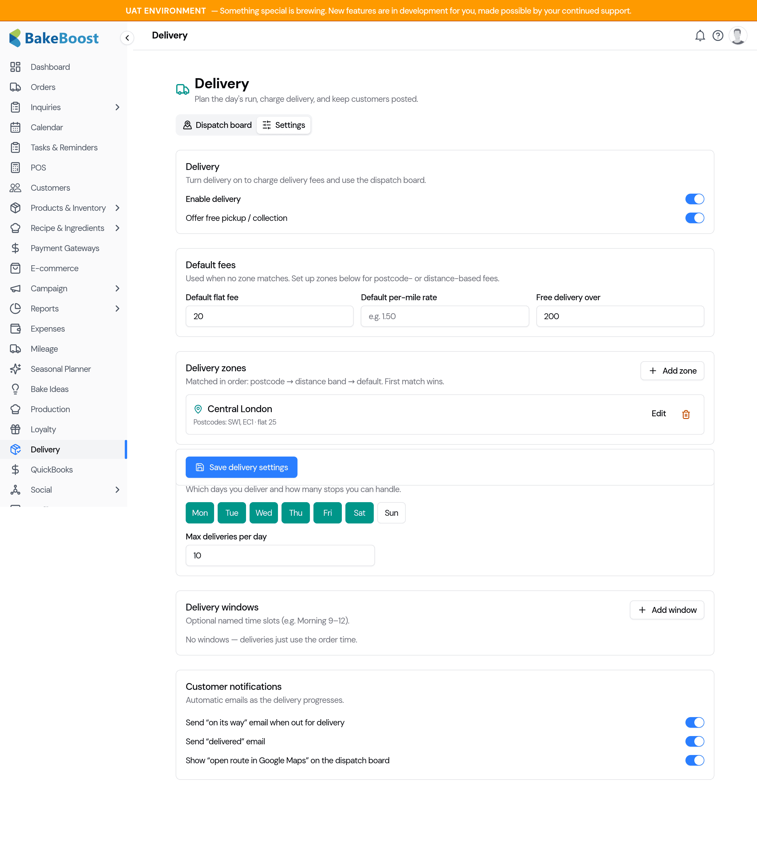 The Delivery settings tab with the enable toggle, default fees, delivery zones, delivery days and capacity, delivery windows, and customer notification toggles
