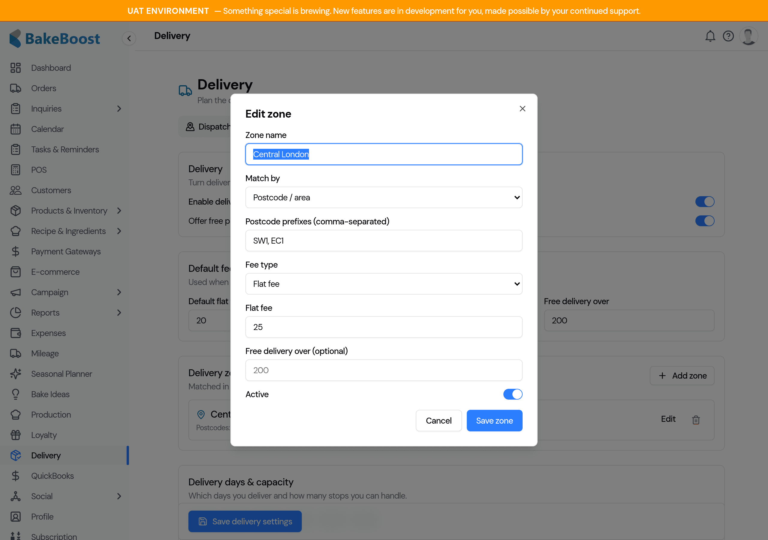 The Edit zone dialog with a zone name, a match-by dropdown set to postcode, postcode prefixes, a fee type and flat fee, an optional free-delivery amount, and an active toggle