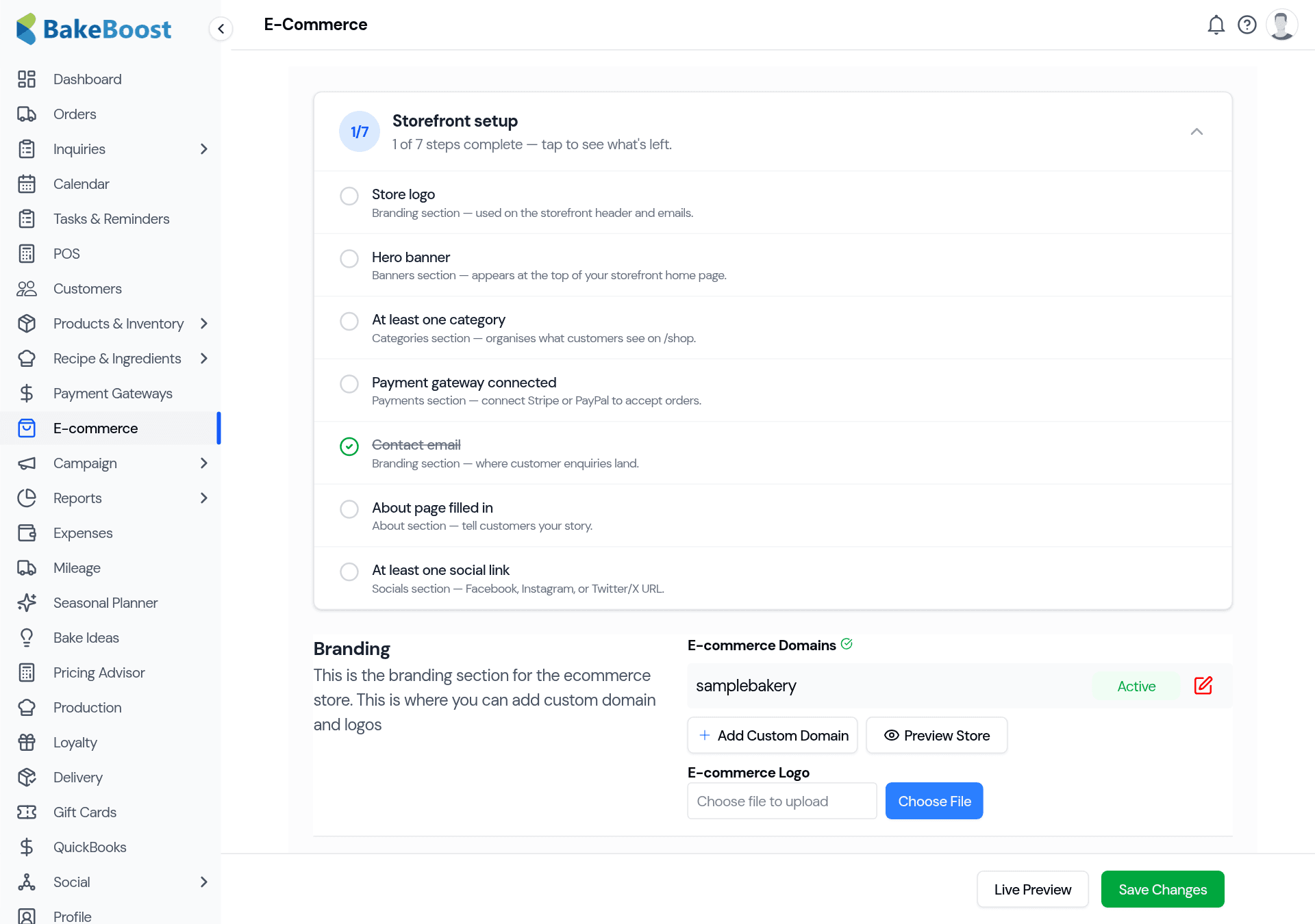 The E-Commerce setup page: a Storefront setup checklist (store logo, hero banner, at least one category, payment gateway connected, contact email, about page, social link), a Branding section, and the store's web address with Preview Store and Save buttons.