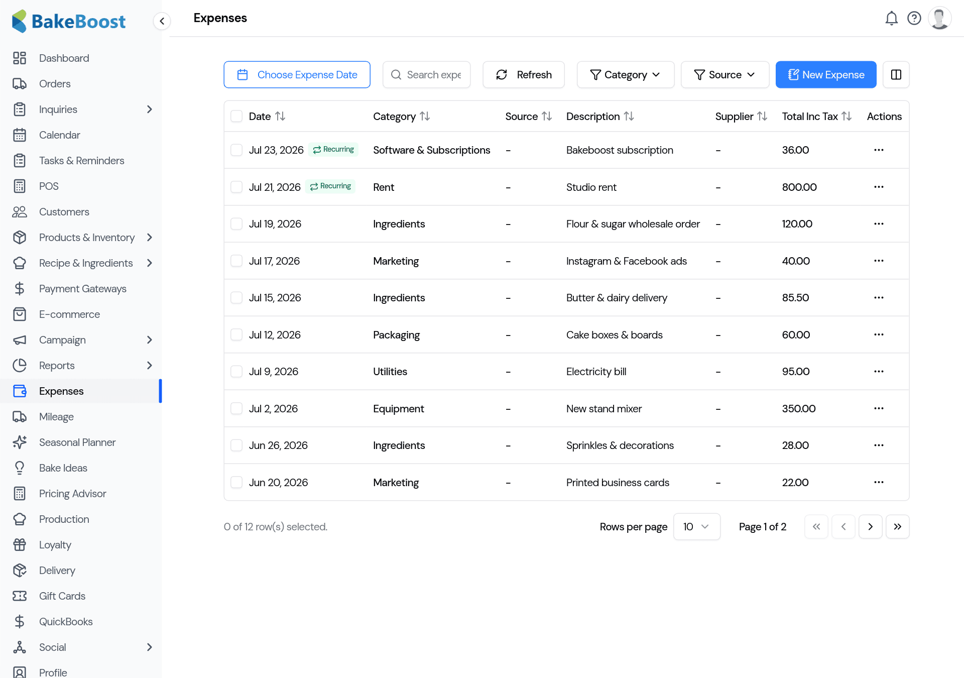 The Expenses list: a table of expenses with date, category, source, description, supplier and amount, plus a New Expense button. Recurring expenses show a green Recurring badge.