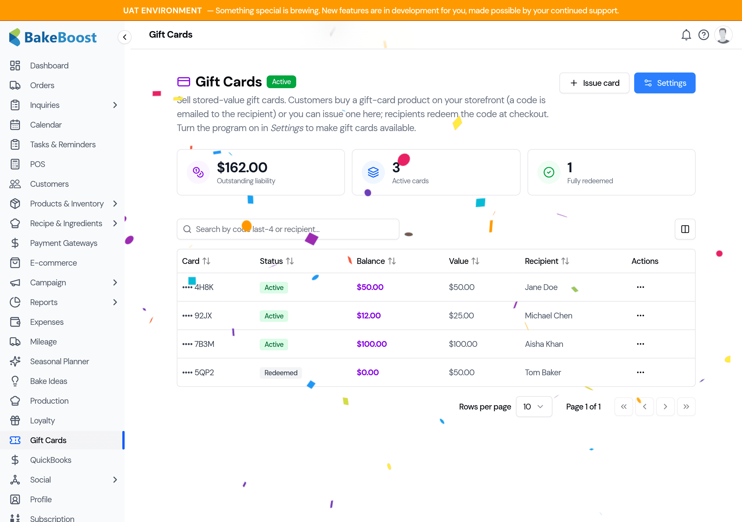 The Gift Cards admin page: summary cards for outstanding liability, active cards and fully redeemed, above a table of issued cards showing code last-4, status, balance, value and recipient.