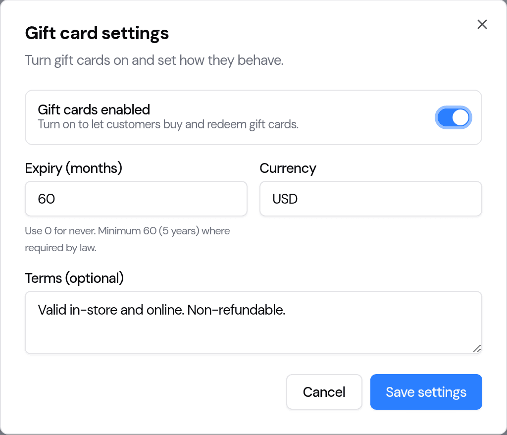 The Gift card settings dialog: a Gift cards enabled toggle switched on, an Expiry (months) field set to 60, a Currency field set to USD, and a Terms box.