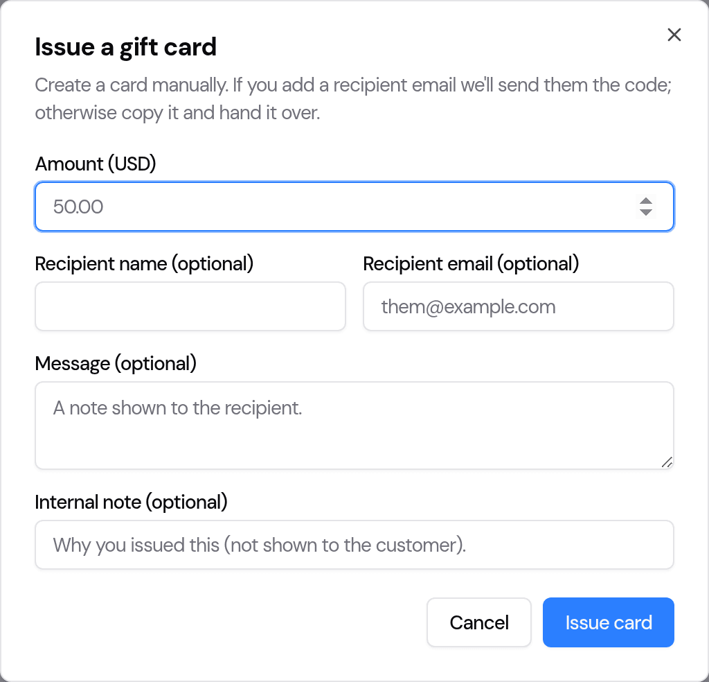 The Issue a gift card dialog: an Amount field, optional recipient name, recipient email, message and internal note fields, and an Issue card button.