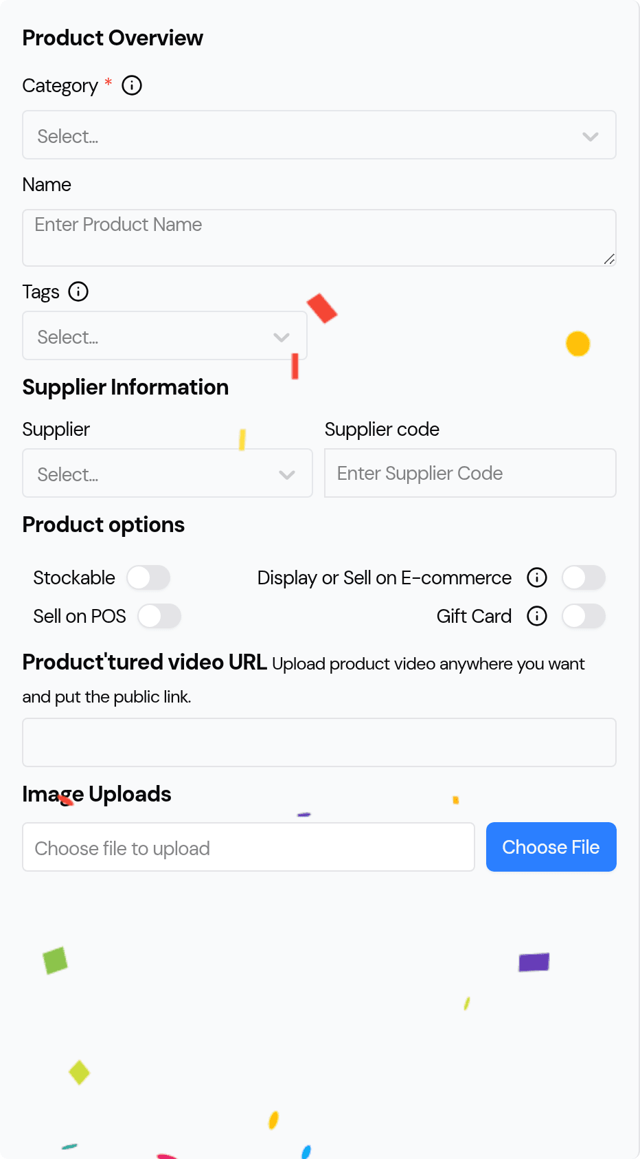 The Product options section of the add-product form, showing the Gift Card toggle alongside Stockable, Display or Sell on E-commerce, and Sell on POS.