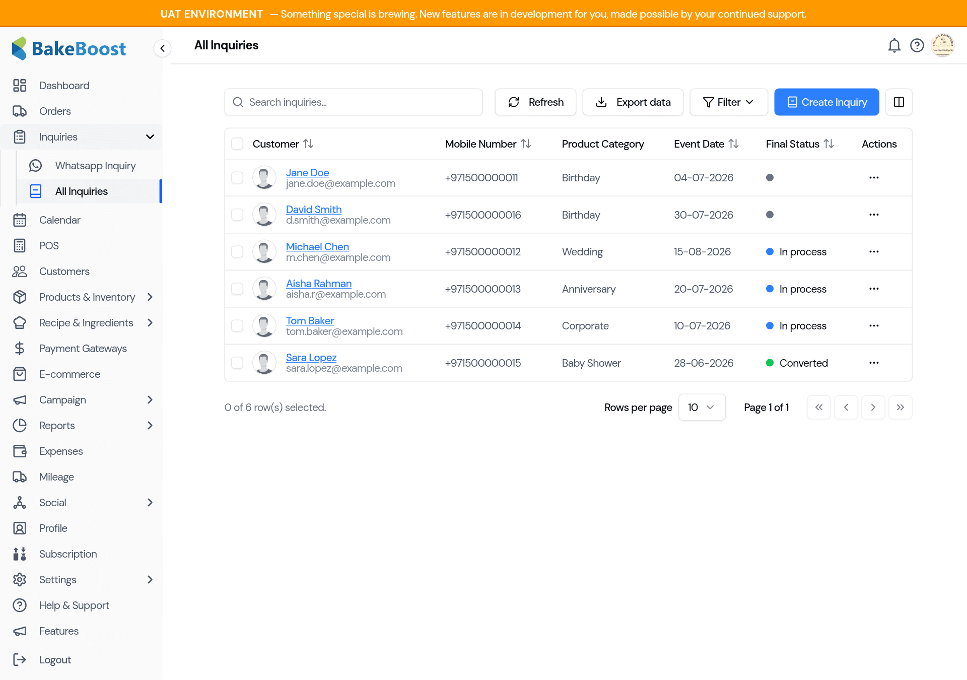 The All Inquiries list showing several inquiries with customer, event, date and status