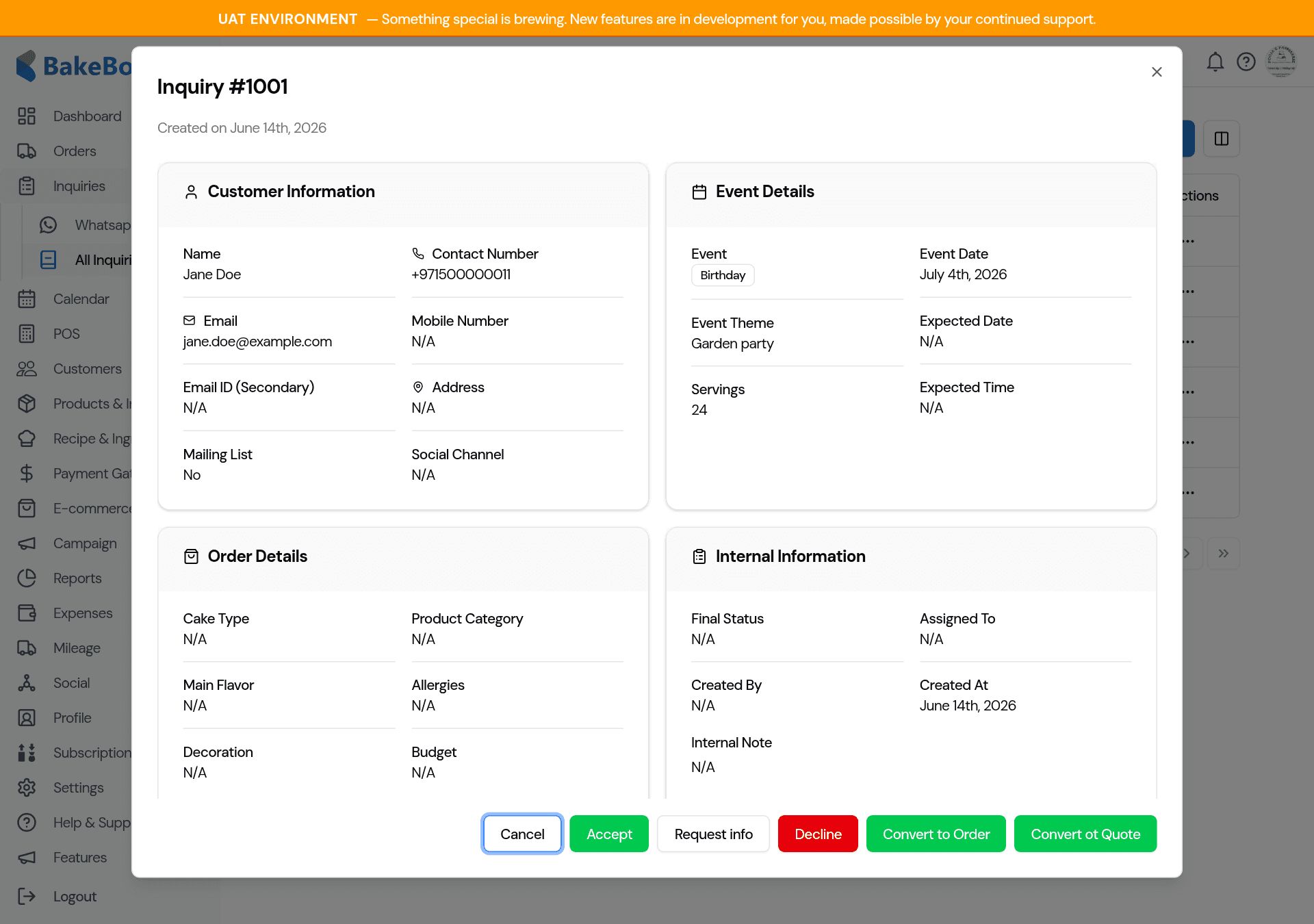 An inquiry opened, showing customer and event details with the action buttons along the bottom
