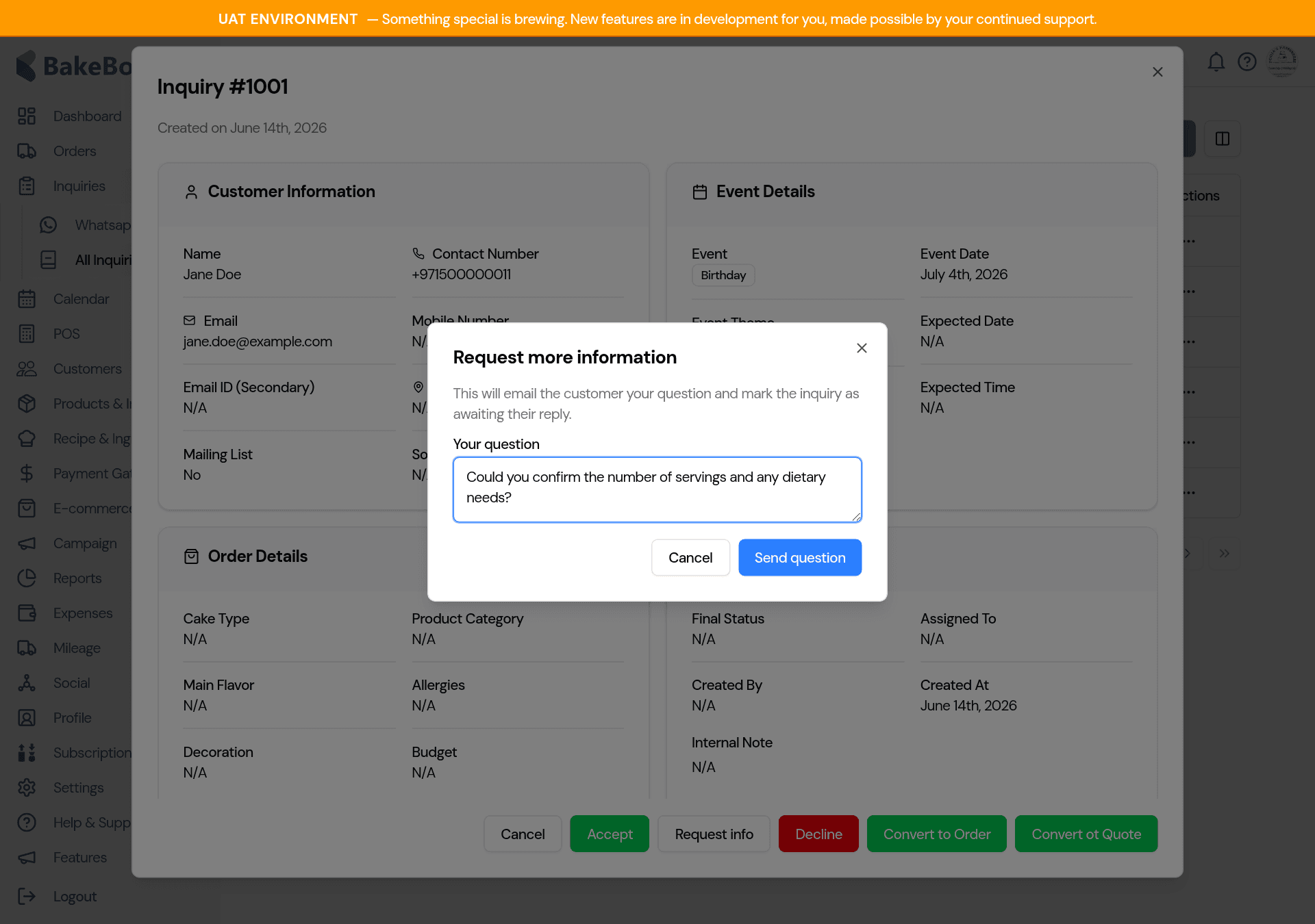 The Request more information dialog with a typed question, ready to send to the customer