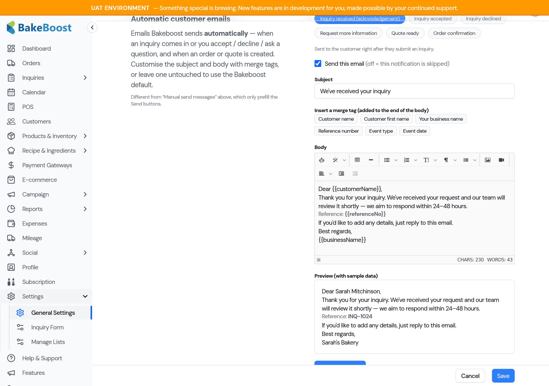 The Email templates settings: pick a template, edit the subject and body, and preview it