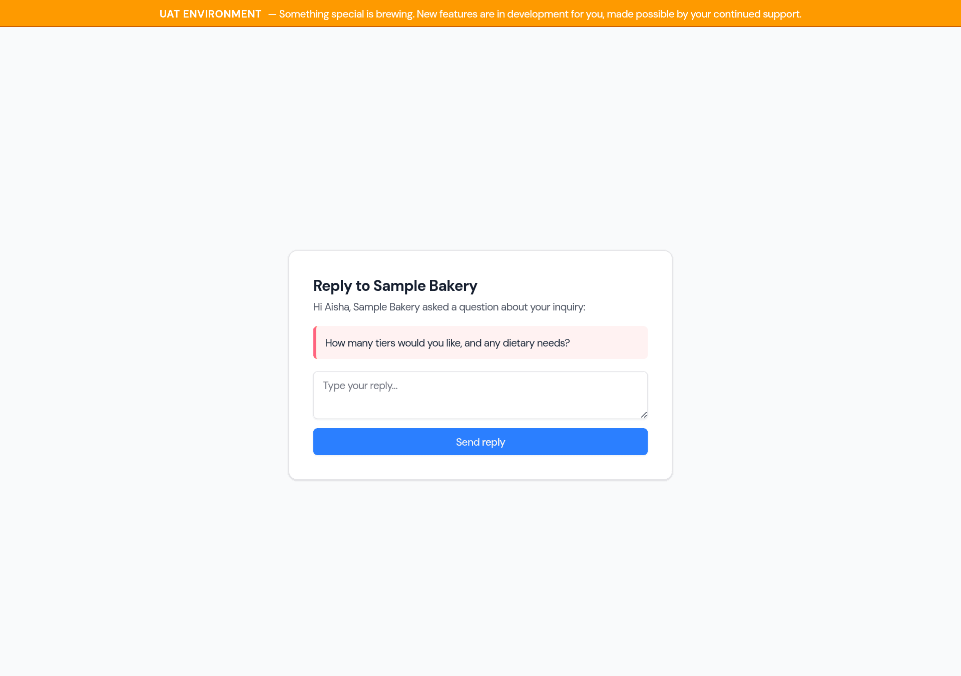 The customer-facing reply page showing the baker's question and a reply box