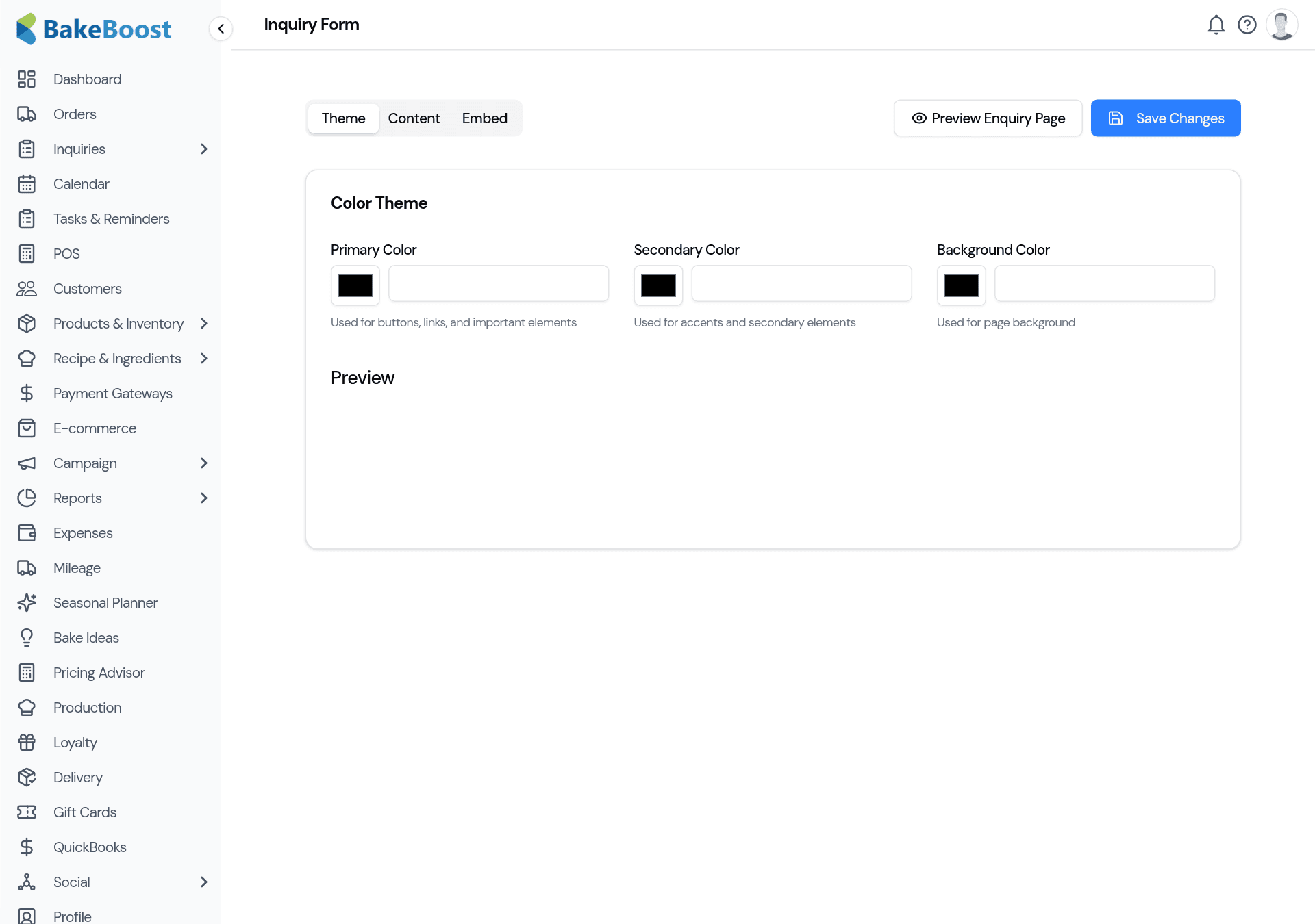 The Inquiry Form settings with Theme, Content and Embed tabs; the Theme tab shows Primary, Secondary and Background colour pickers with a live preview.