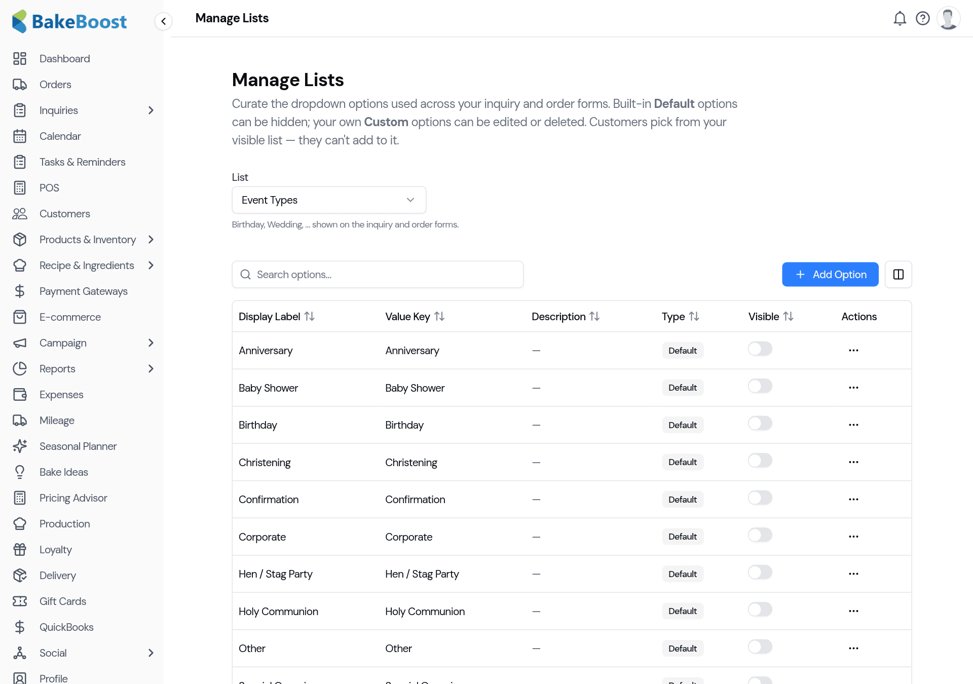 The Manage Lists page: a list selector (e.g. Event Types), a table of options with display label, value key, type (Default or Custom) and a visible toggle, and an Add Option button.