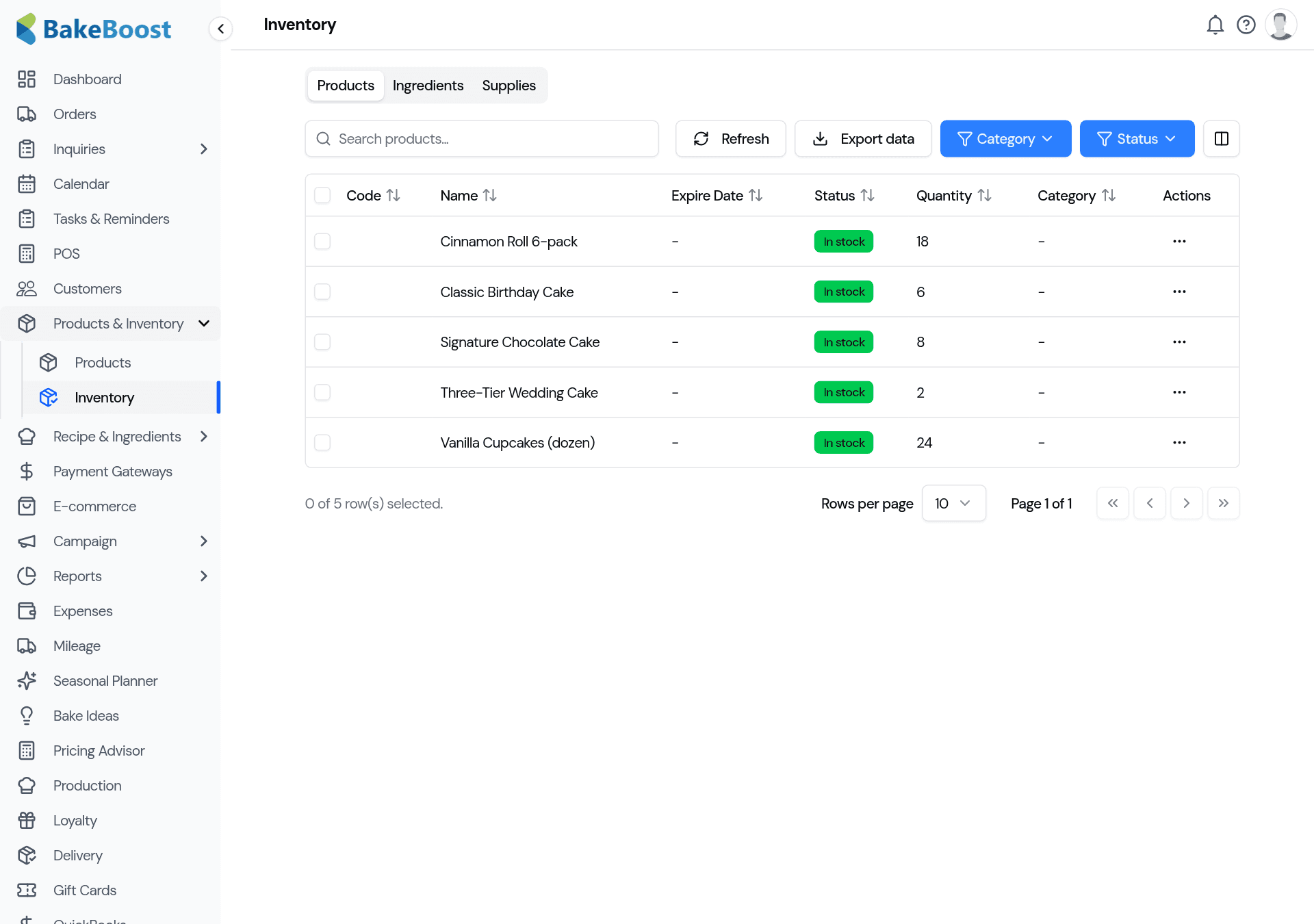 The Inventory page, Products tab: a table listing each stocked product with its code, name, an In stock / low status badge, quantity on hand and category, with Category and Status filters.