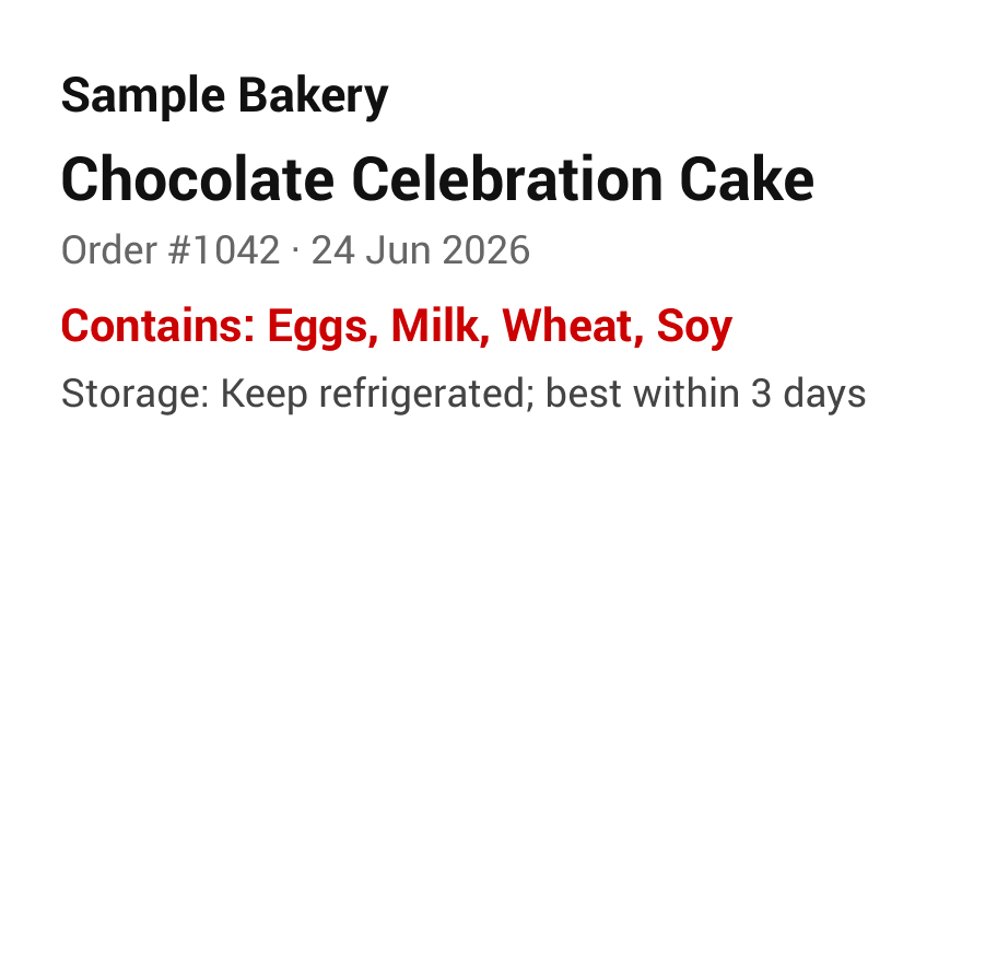 A sample allergen label showing the bakery name, product name, order number and date, a red Contains line, a Suitable for line, and a storage note