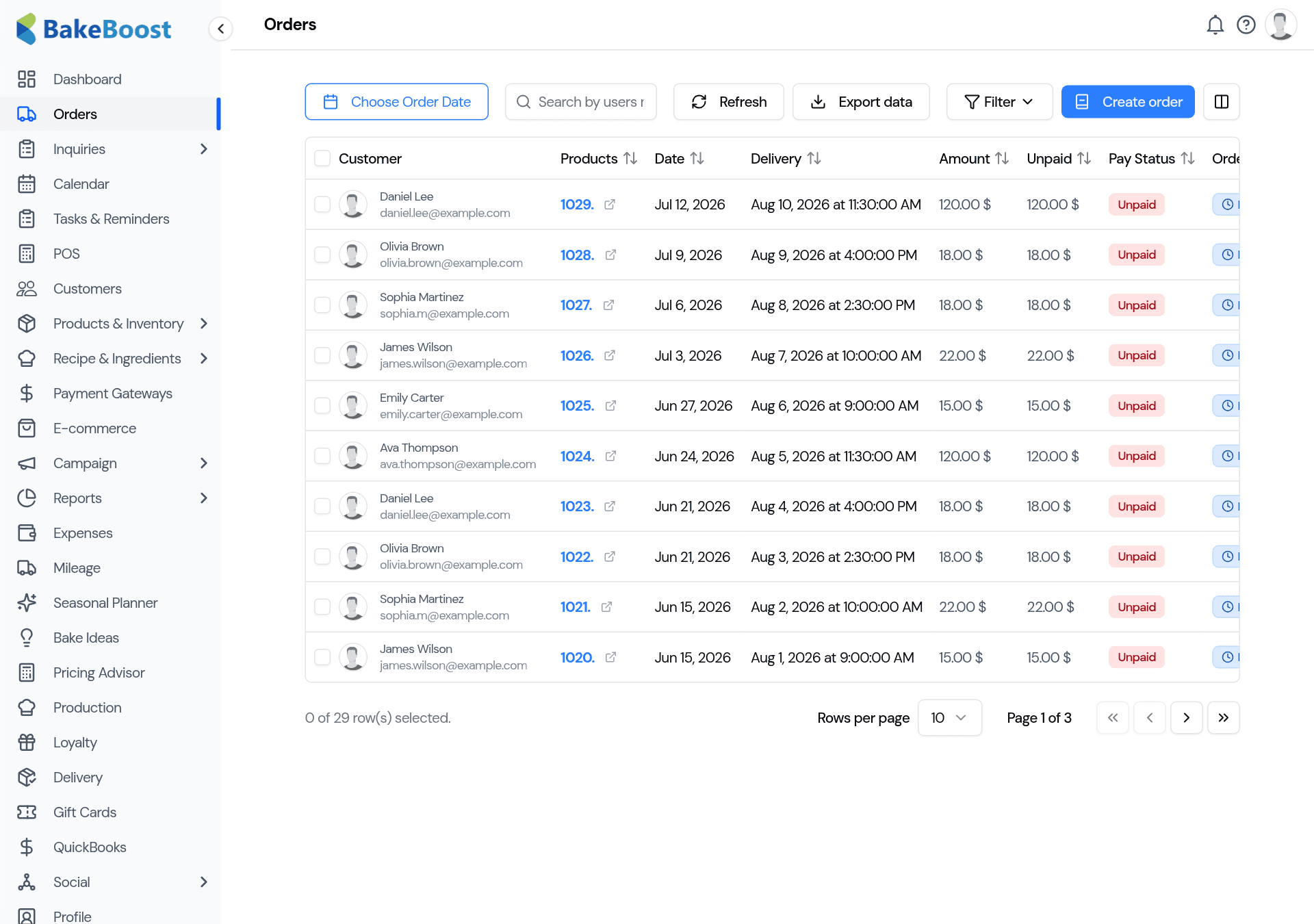 The Orders list: a table of orders showing customer name, order number and product, the date, delivery date, amount, amount unpaid, and a payment-status badge.