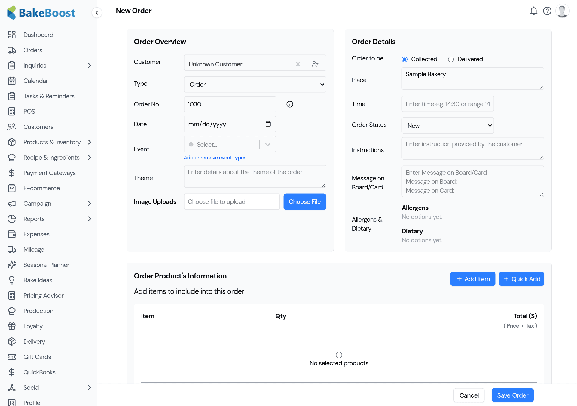 The new-order form showing the customer picker, product picker, event and delivery details, and the running order total.