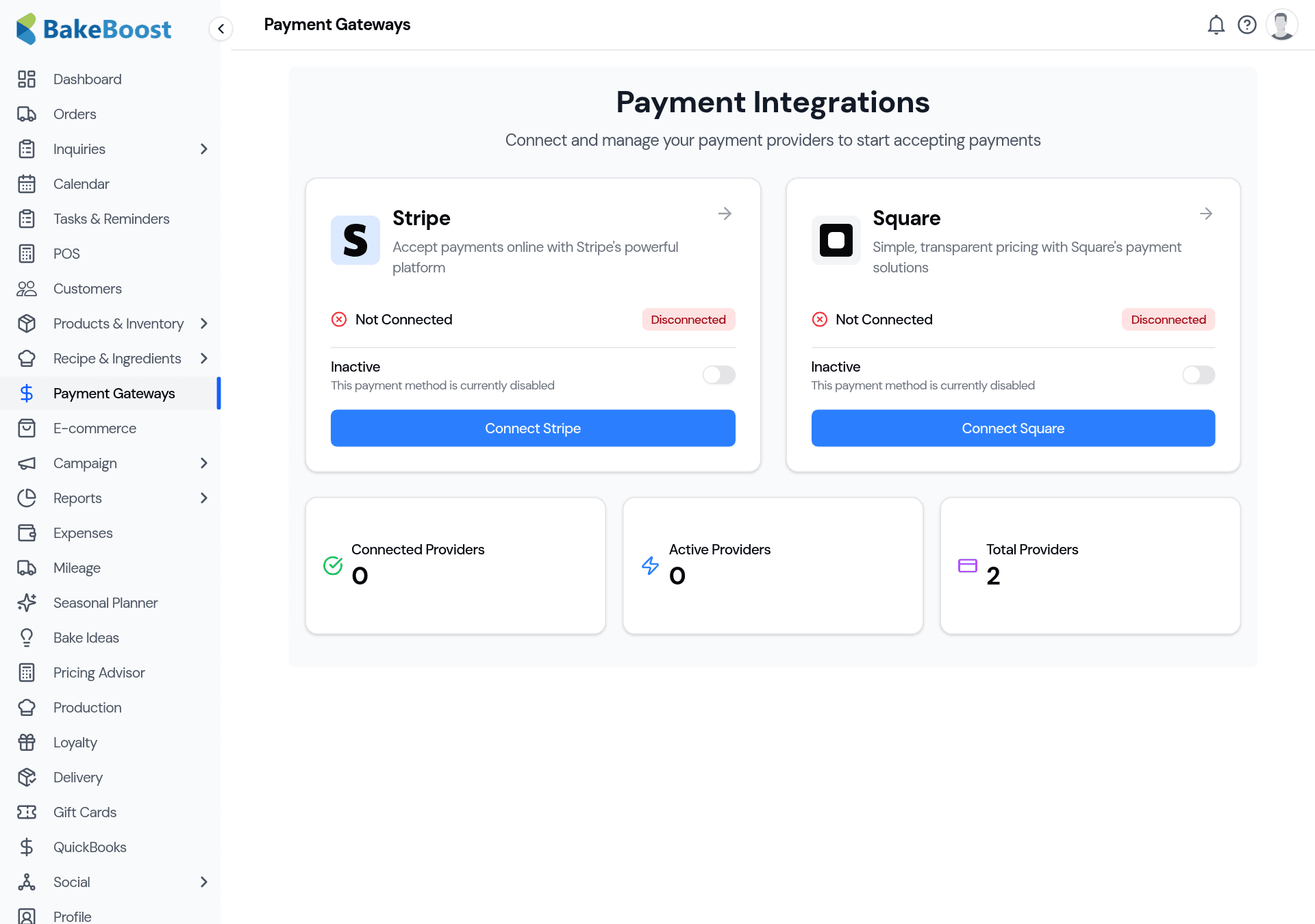 The Payment Gateways page: cards for Stripe and Square each showing a Not Connected status and a Connect button, with counters for connected, active and total providers.