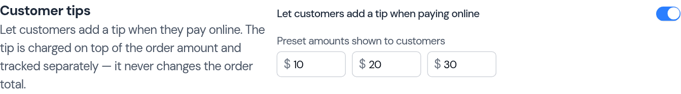 The Customer tips setting in the Payments section of the E-commerce settings page, with the toggle switched on