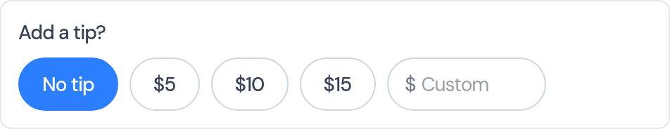 The Add a tip? prompt as a customer sees it on the payment page, with No tip selected and buttons for 5, 10, 15 and a custom amount