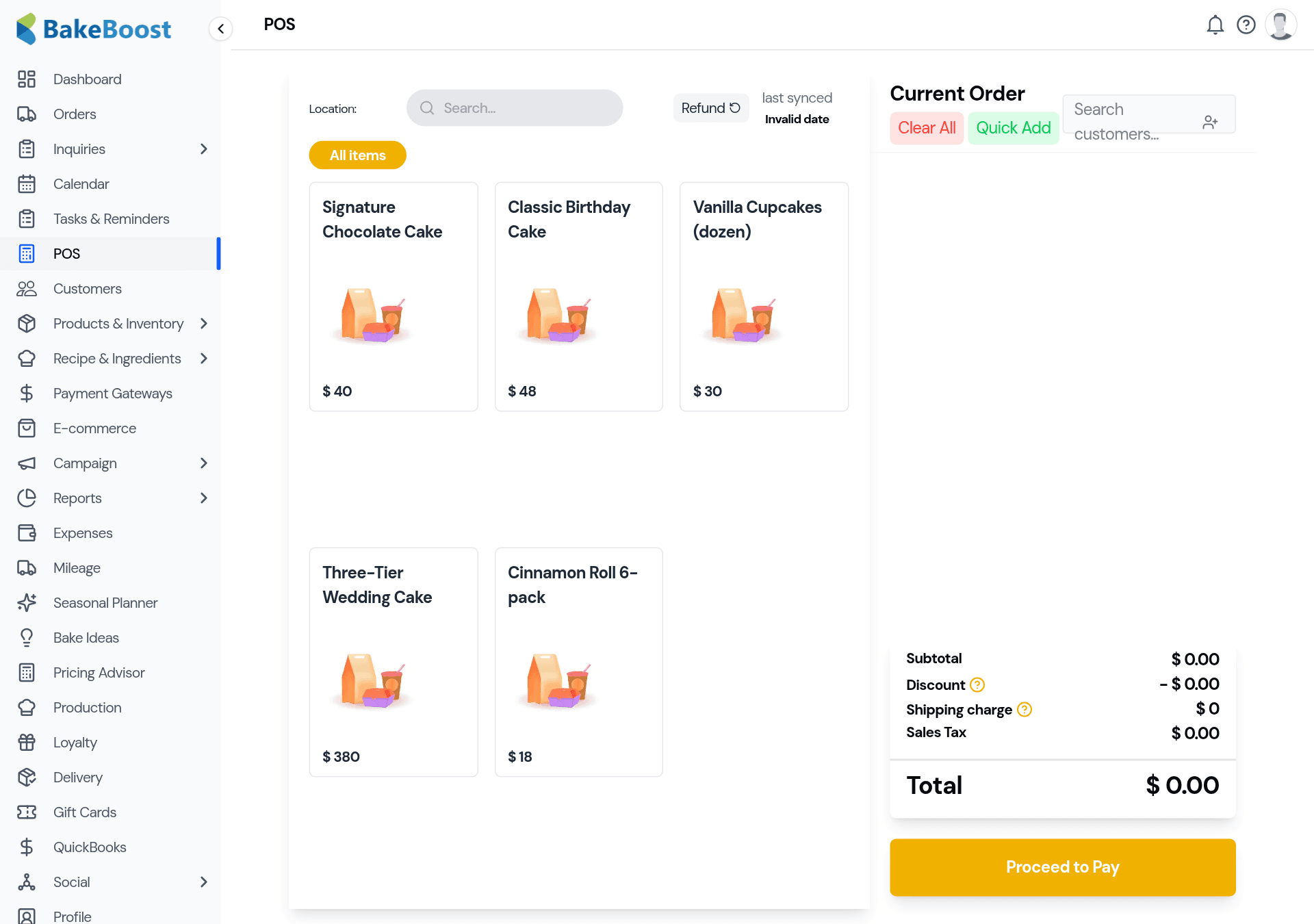 The POS screen: a grid of product tiles on the left with prices, and a Current Order panel on the right showing subtotal, discount, shipping, tax and total, with a Proceed to Pay button.