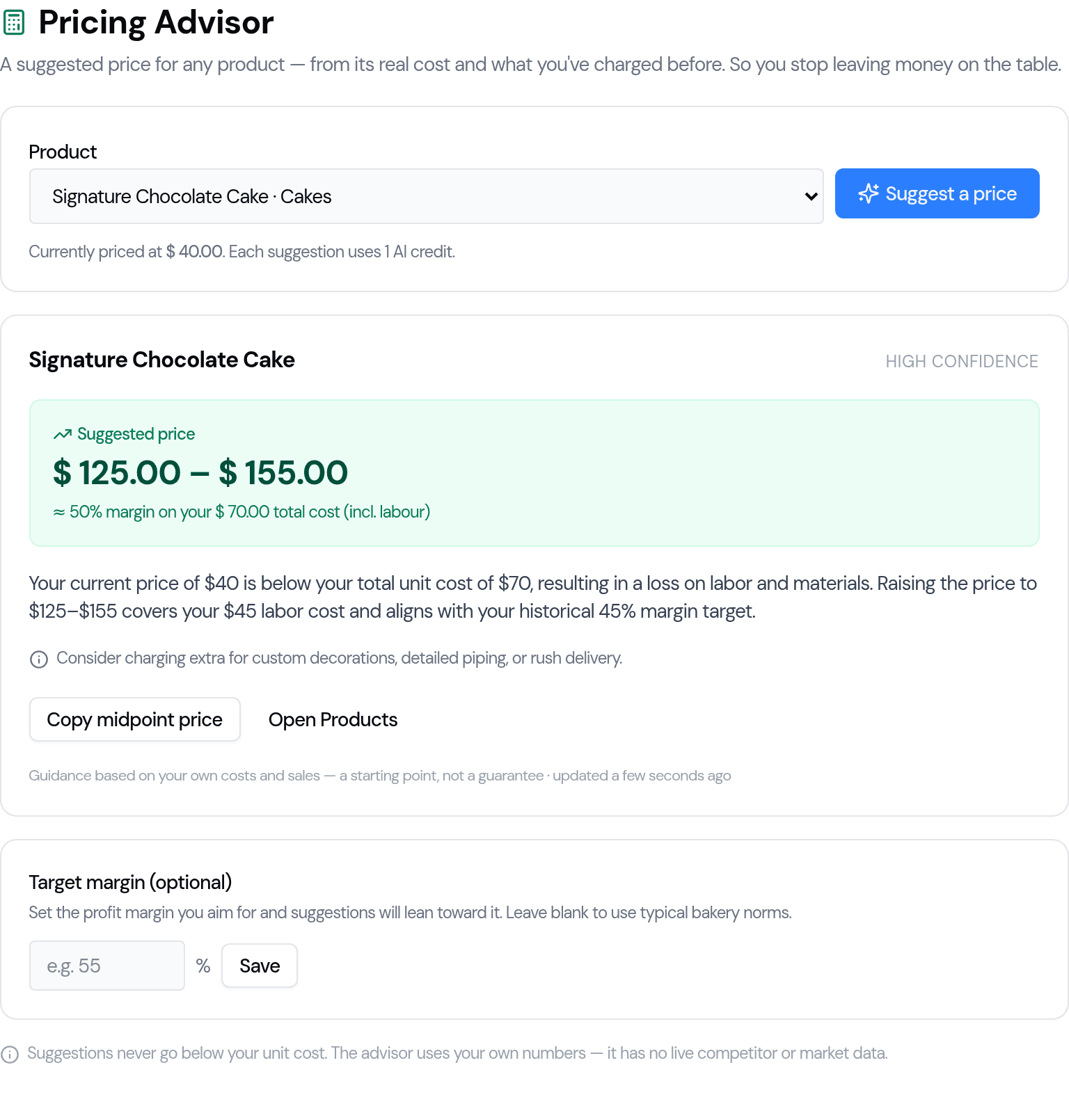The Pricing Advisor page: a product picked from the dropdown, with a suggested price range, target margin, and a plain-English reason explaining the product is currently priced below its total cost.